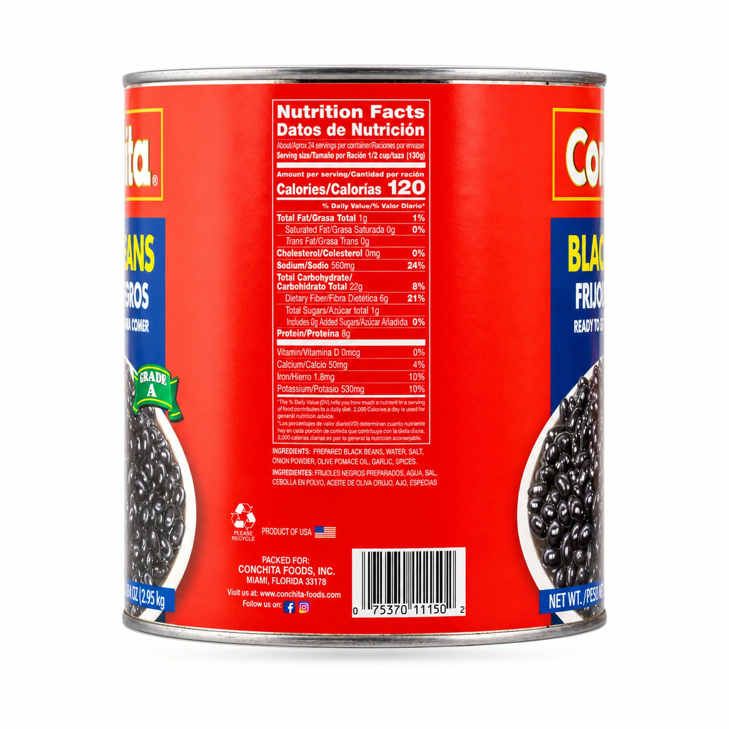 Conchita Ready-to-Serve Black Beans (Frijoles Negros) 104 oz can, nutrition facts side view