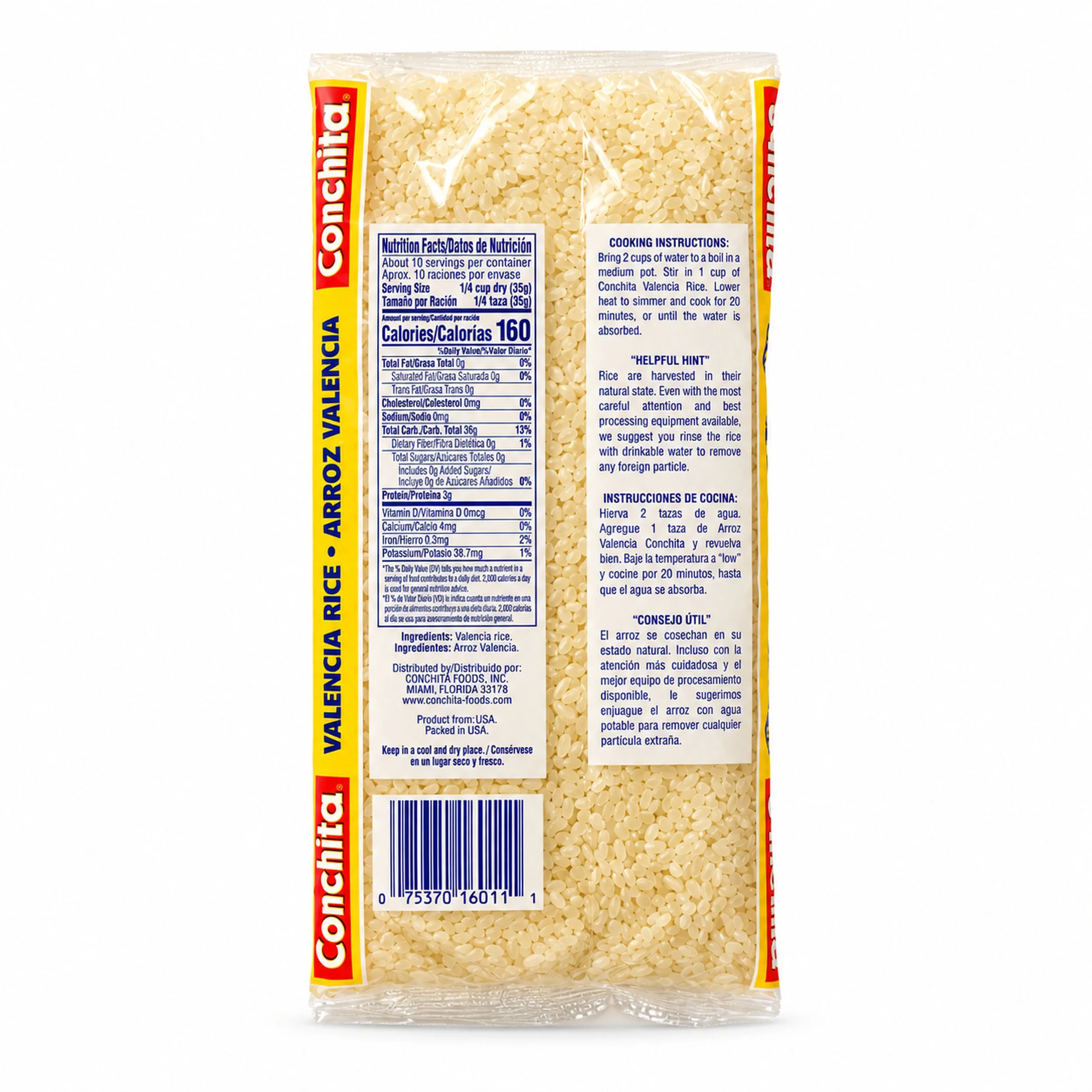Conchita Valencia Rice (Arroz Valencia) 12 oz bag, back label view