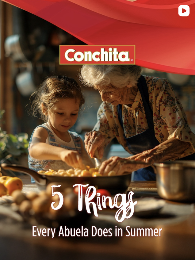 Conchita Instagram post "5 Things Every Abuela Does in Summer": grandmother and granddaughter cooking together at the stove