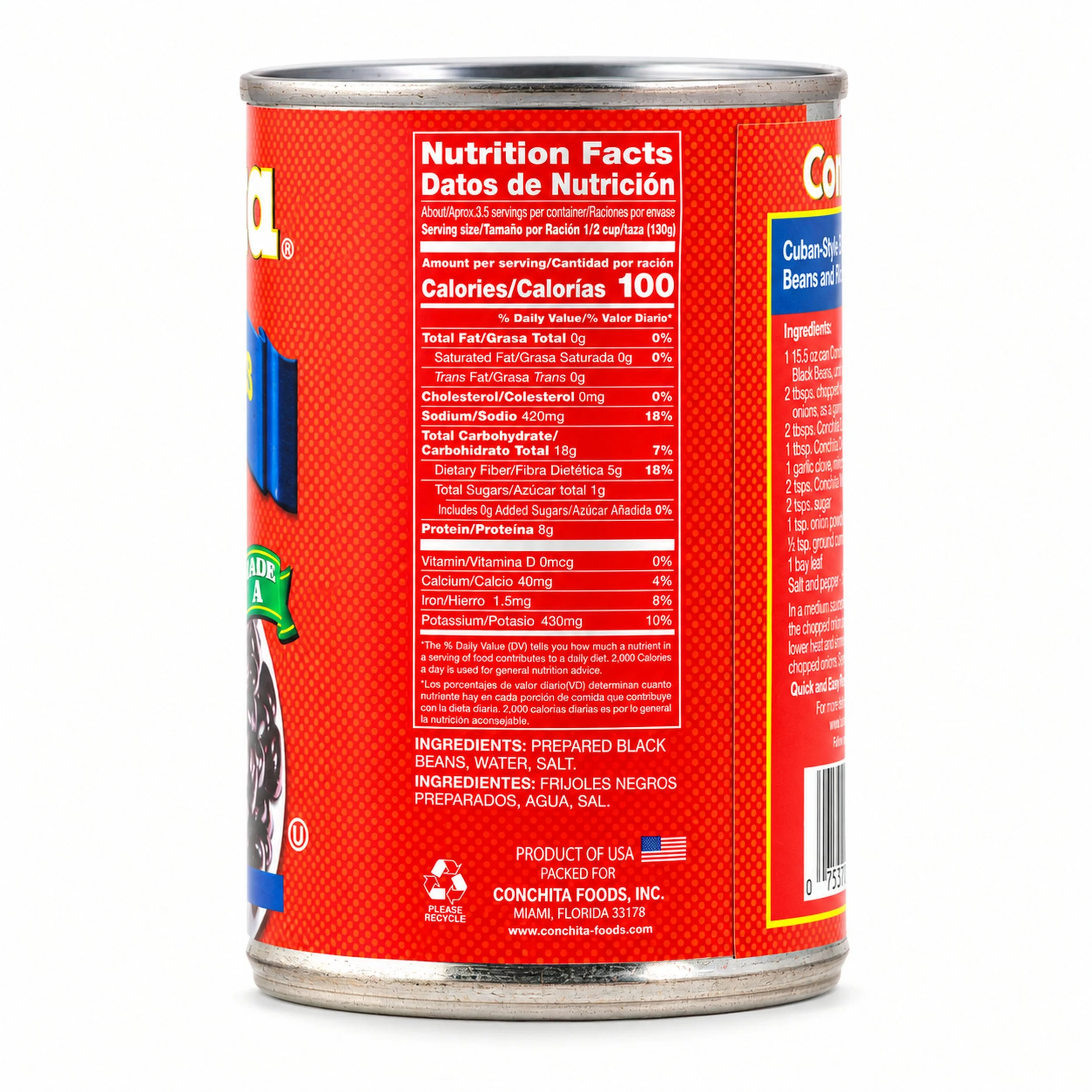 Conchita Black Beans (Frijoles Negros) 15.5 oz can, nutrition facts side view