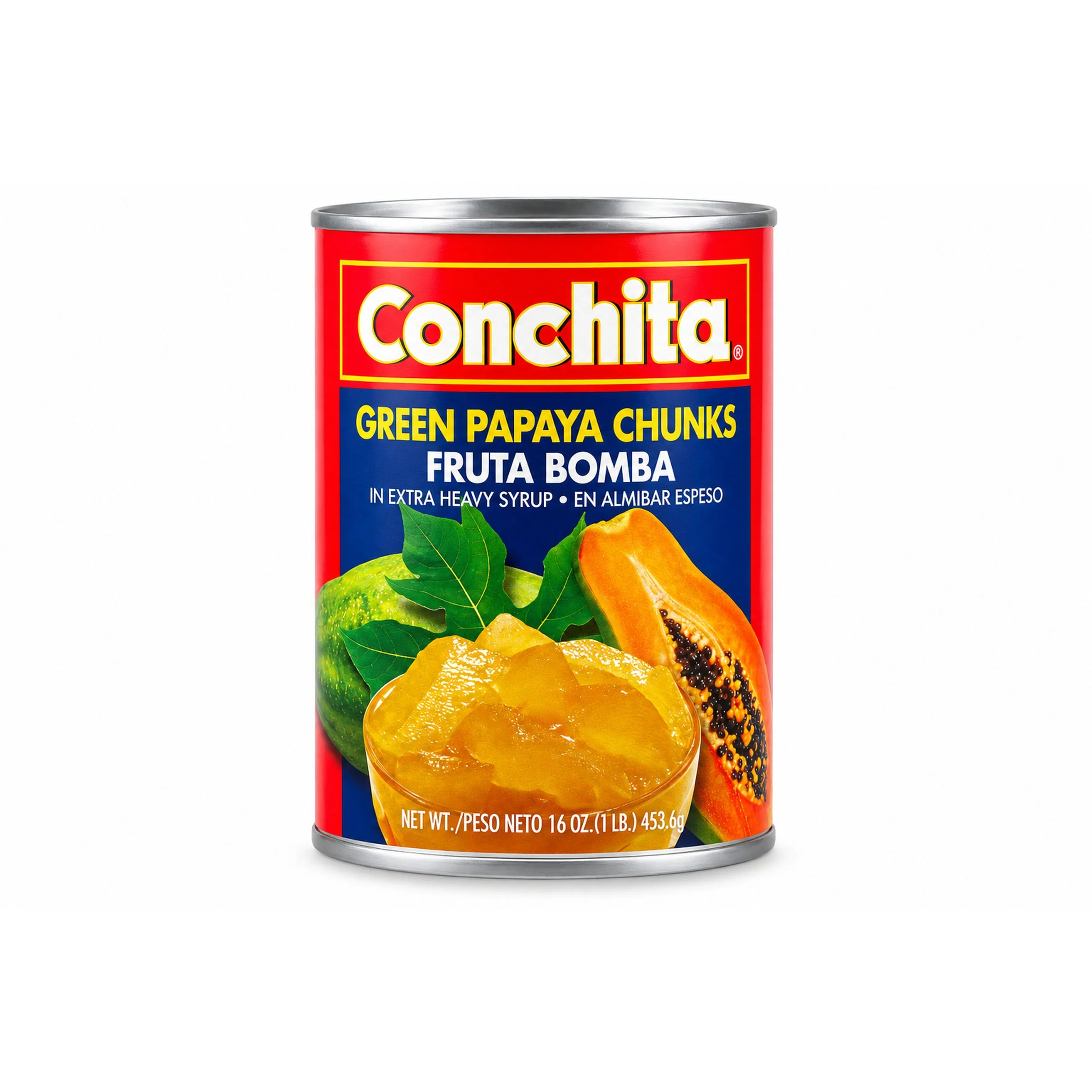 Conchita Green Papaya Chunks in Syrup (Fruta Bomba) 16 oz can, front view