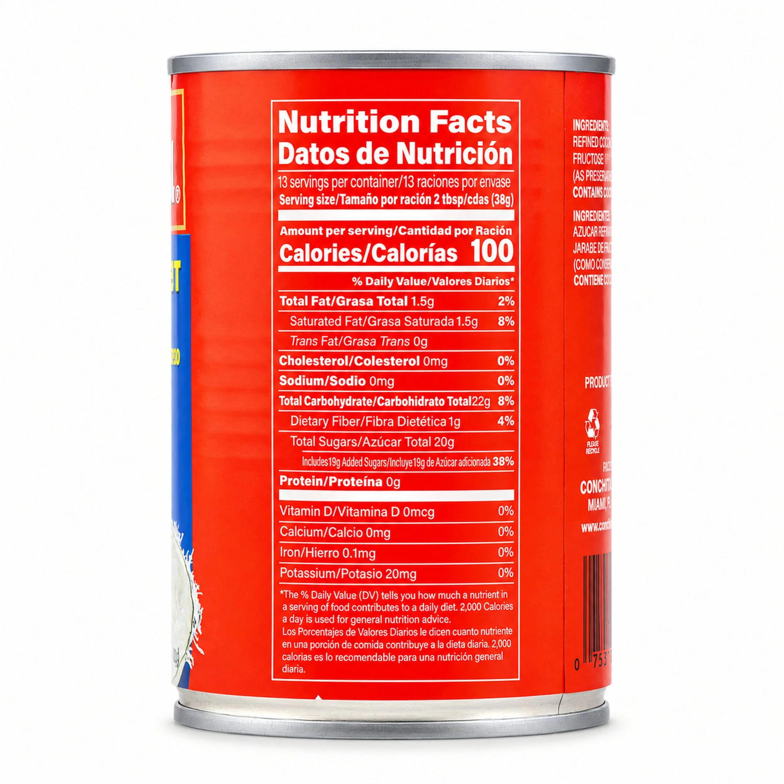 Conchita Grated Coconut in Syrup (Coco Rallado) 17 oz can, nutrition facts side view