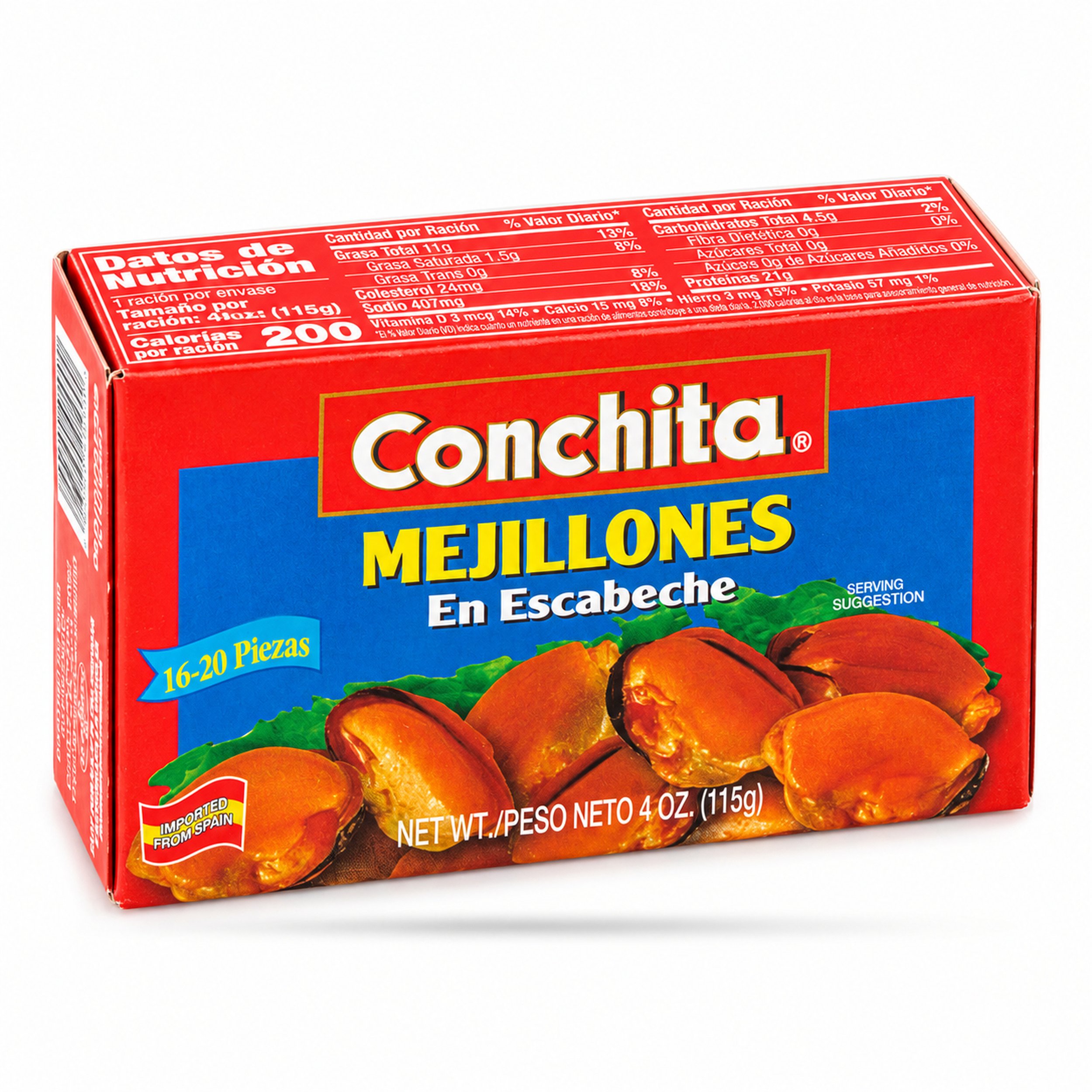 Conchita Mussels in Marinade Sauce (Mejillones en Escabeche) 4 oz box, Spanish-language back panel, angled view
