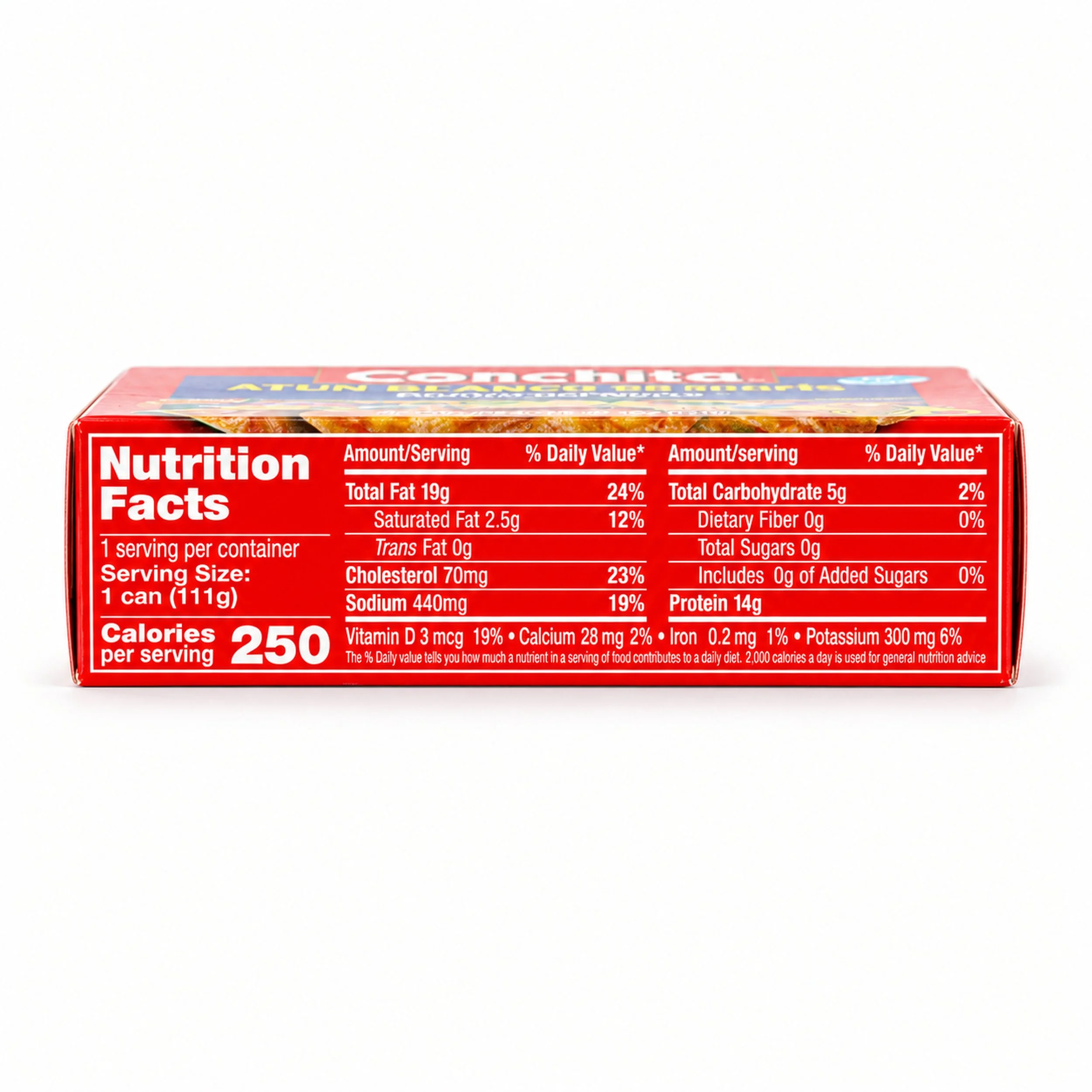 Conchita White Tuna in Tomato (Atún Blanco en Tomate) 4 oz box, nutrition facts side view