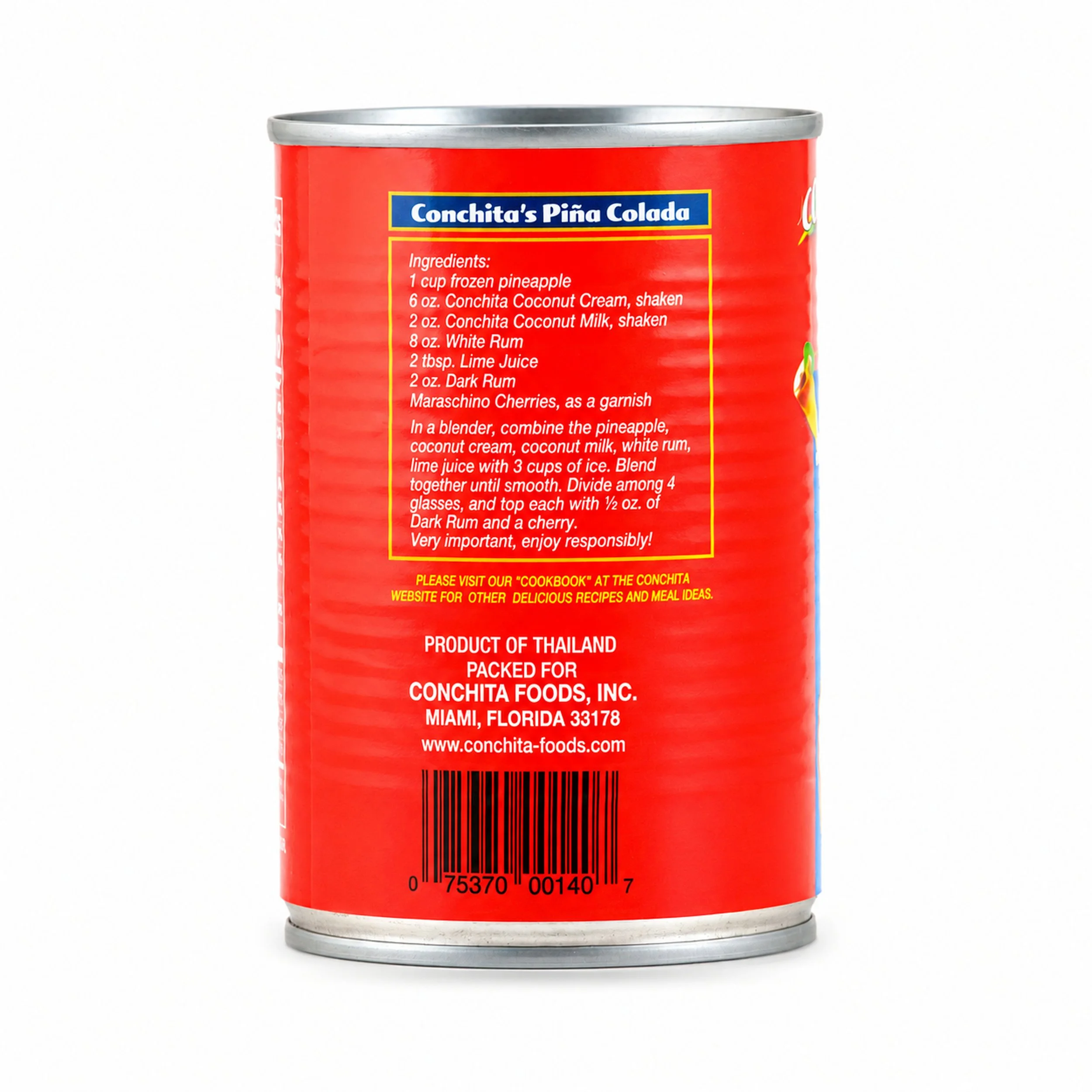 Conchita Real Cream of Coconut (Crema de Coco) 17.6 oz can, back label view