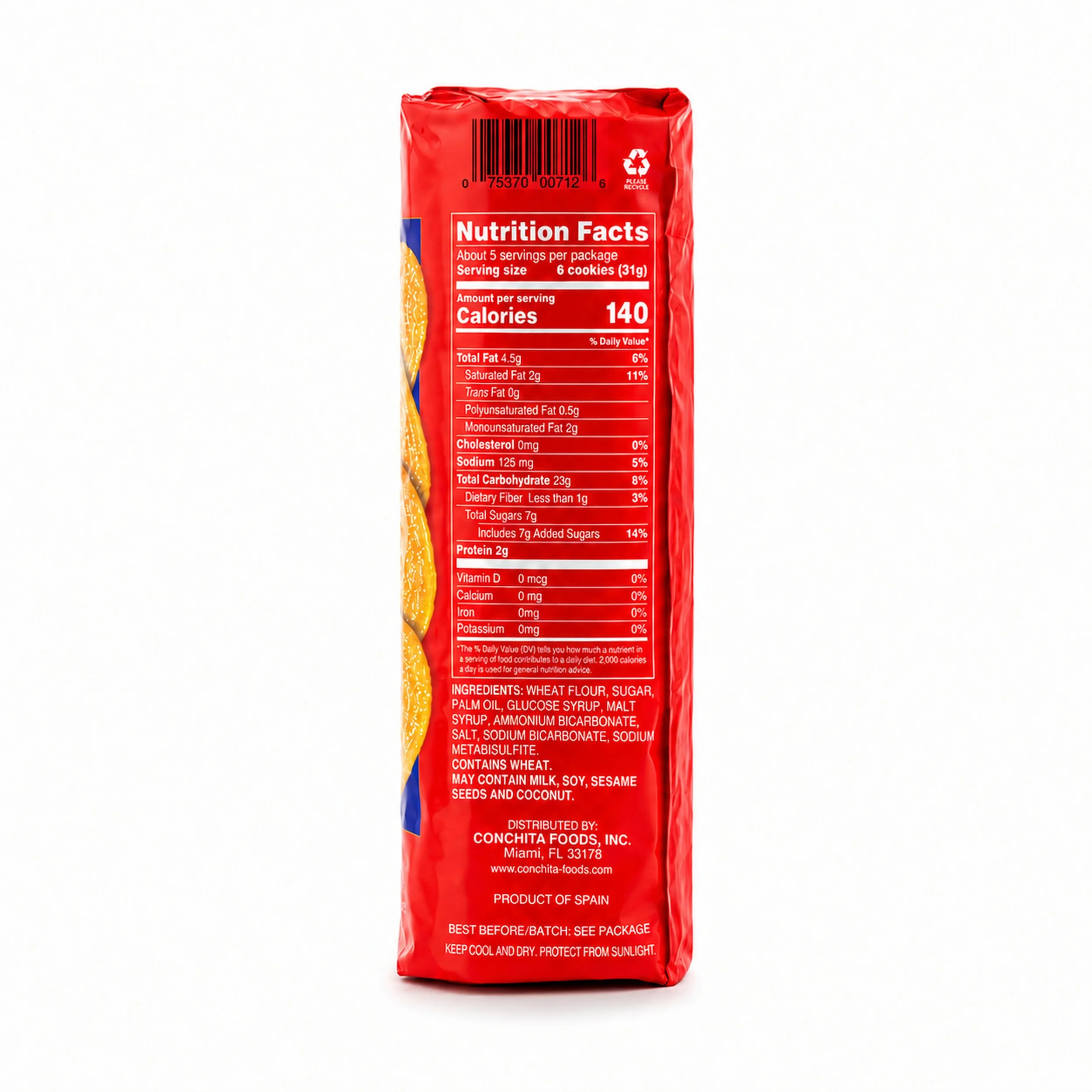 Conchita Palmeritas Crisp Cookies (Galletas Palmeritas) package, back label view
