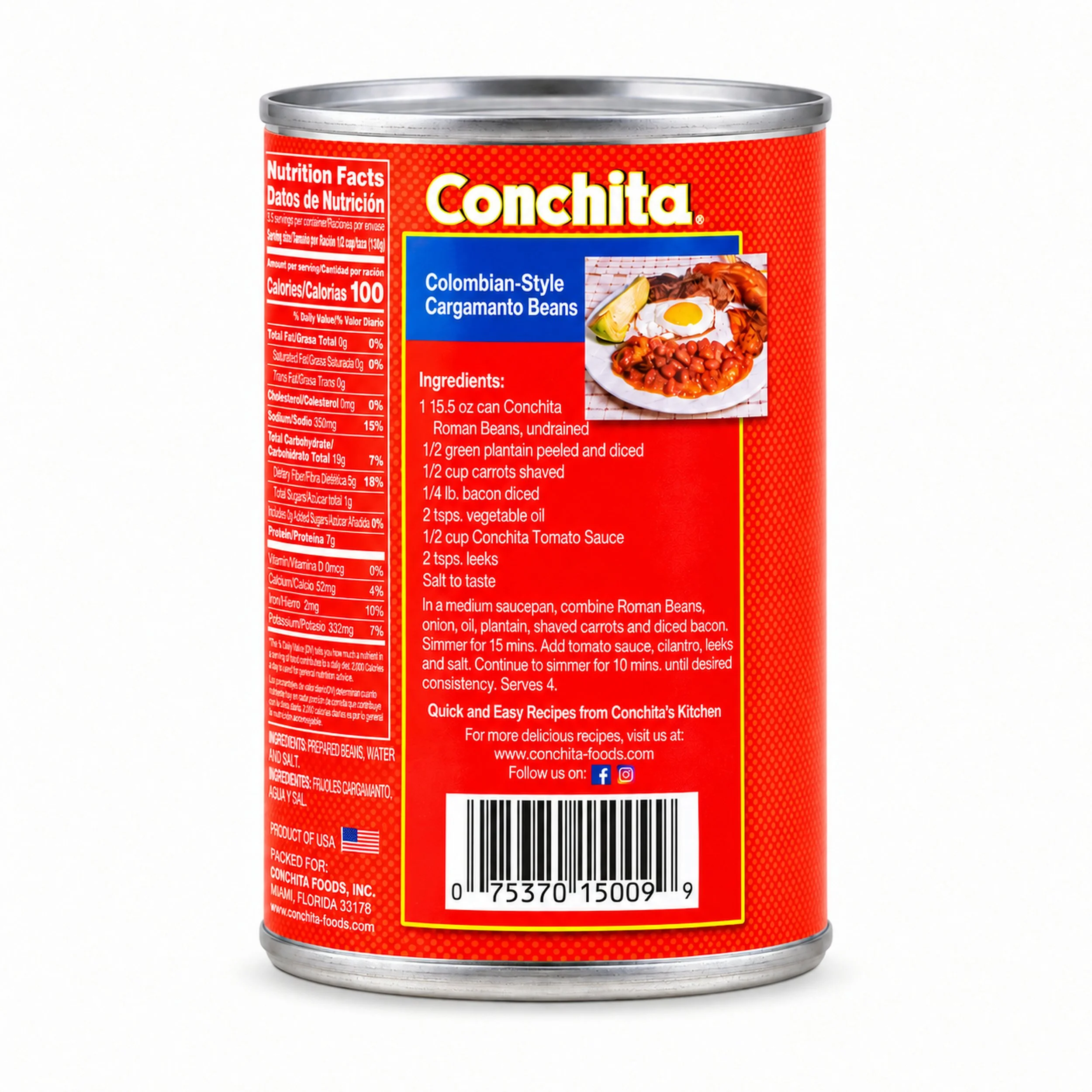 Conchita Roman Beans (Frijoles Cranberry) 15.5 oz can, back label view