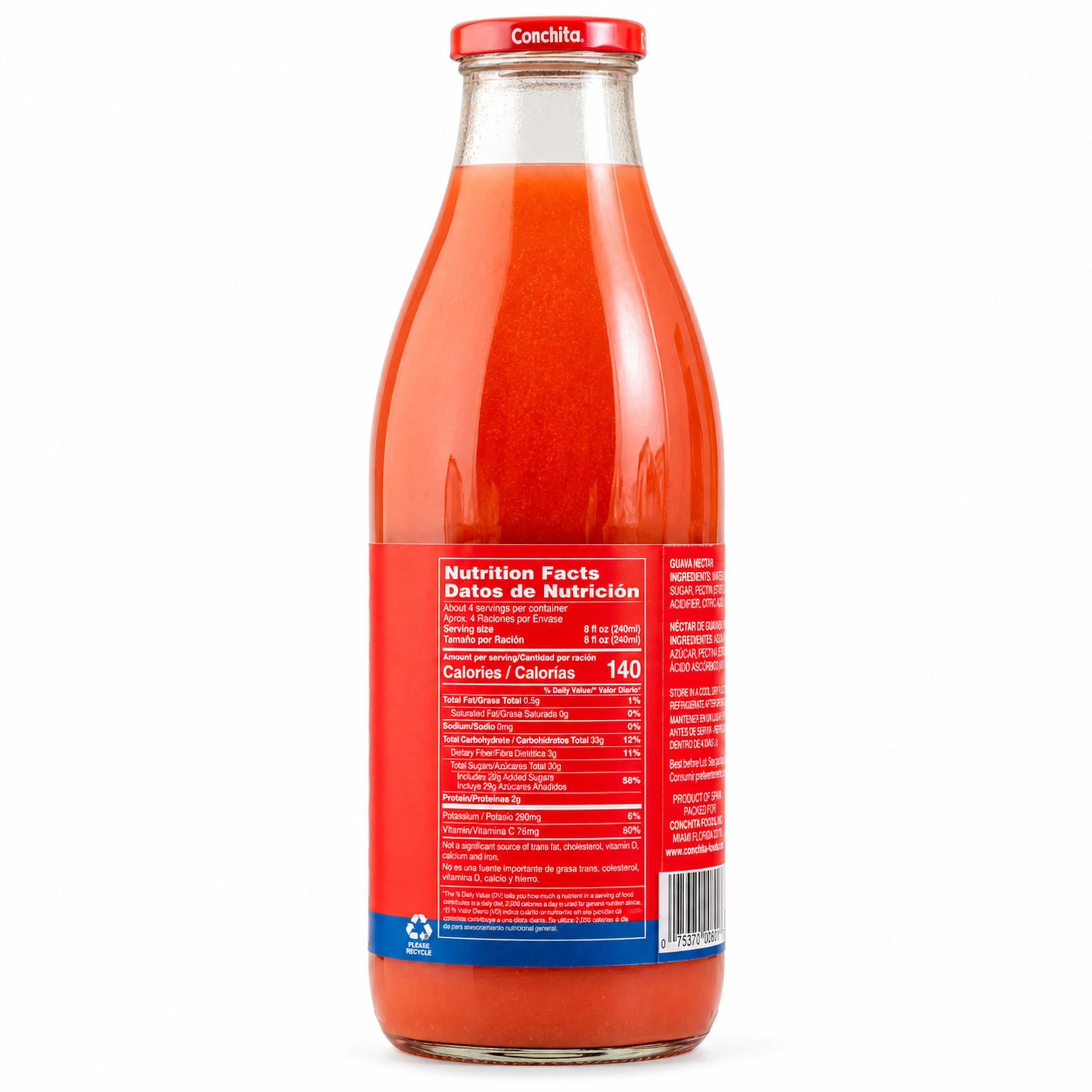 Conchita Guava Nectar (Néctar de Guayaba) 1 L glass bottle, nutrition facts side view