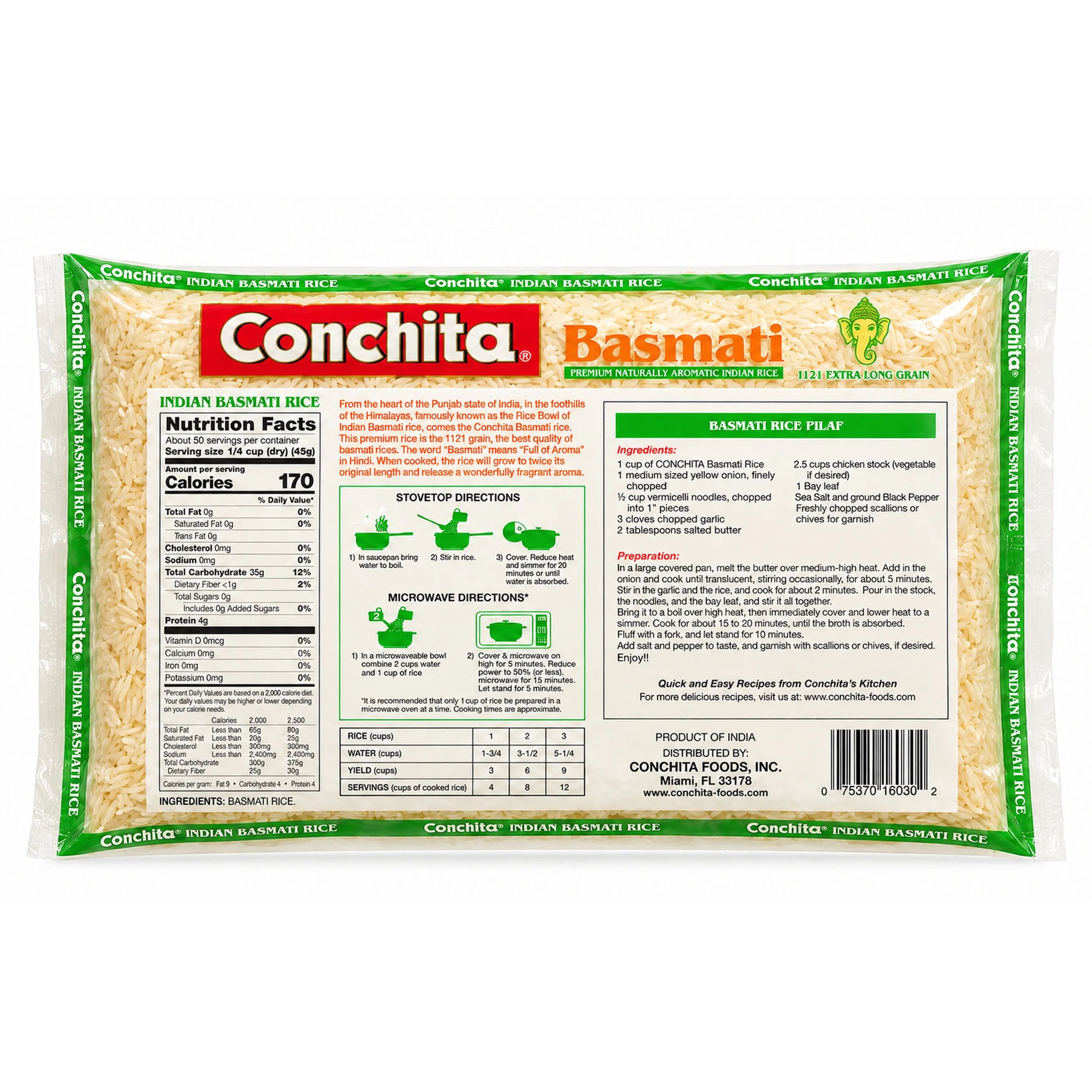 Conchita Extra-Long Grain Basmati Rice (Arroz Basmati) 5 lb bag, back label view