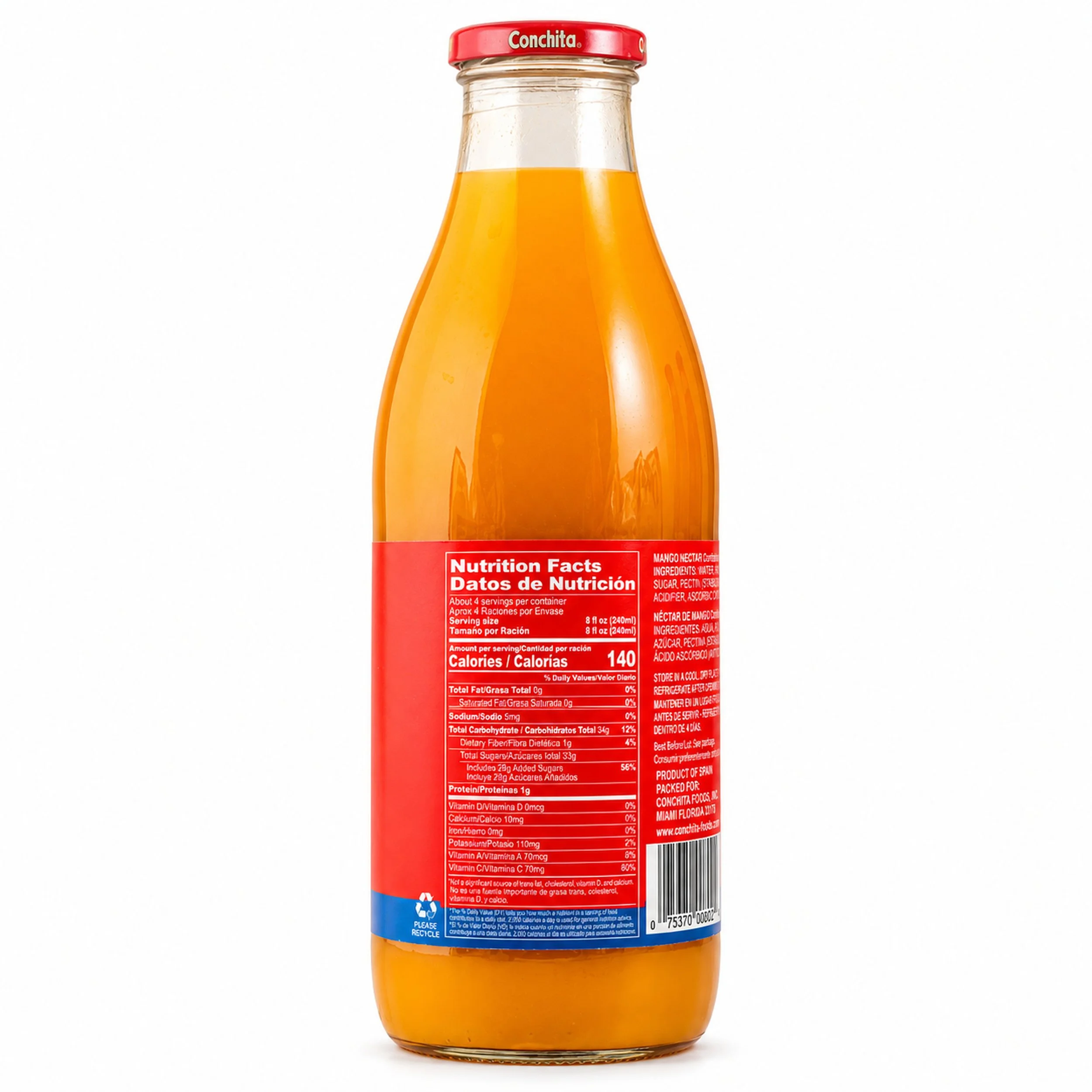 Conchita Mango Nectar (Néctar de Mango) 1 L glass bottle, nutrition facts side view