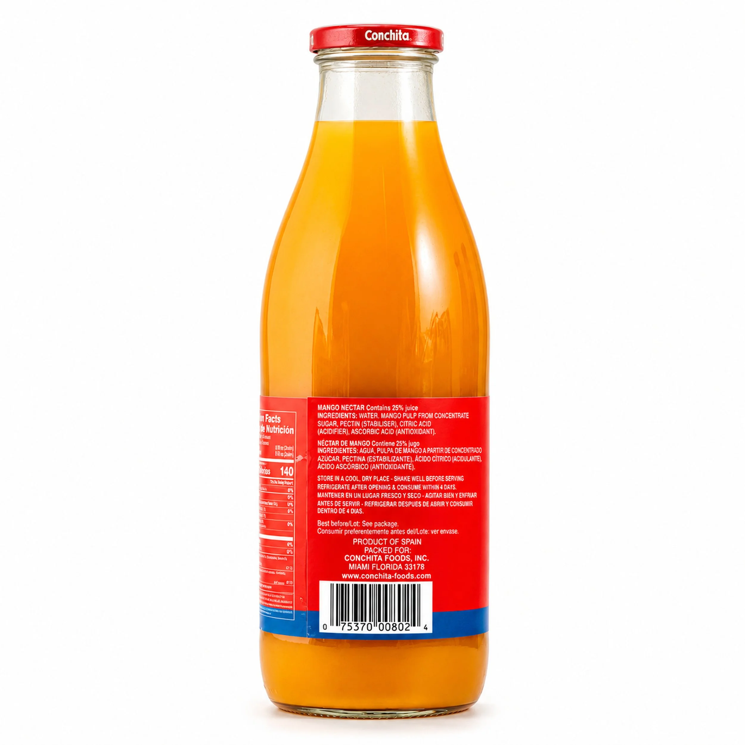 Conchita Mango Nectar (Néctar de Mango) 1 L glass bottle, back label view