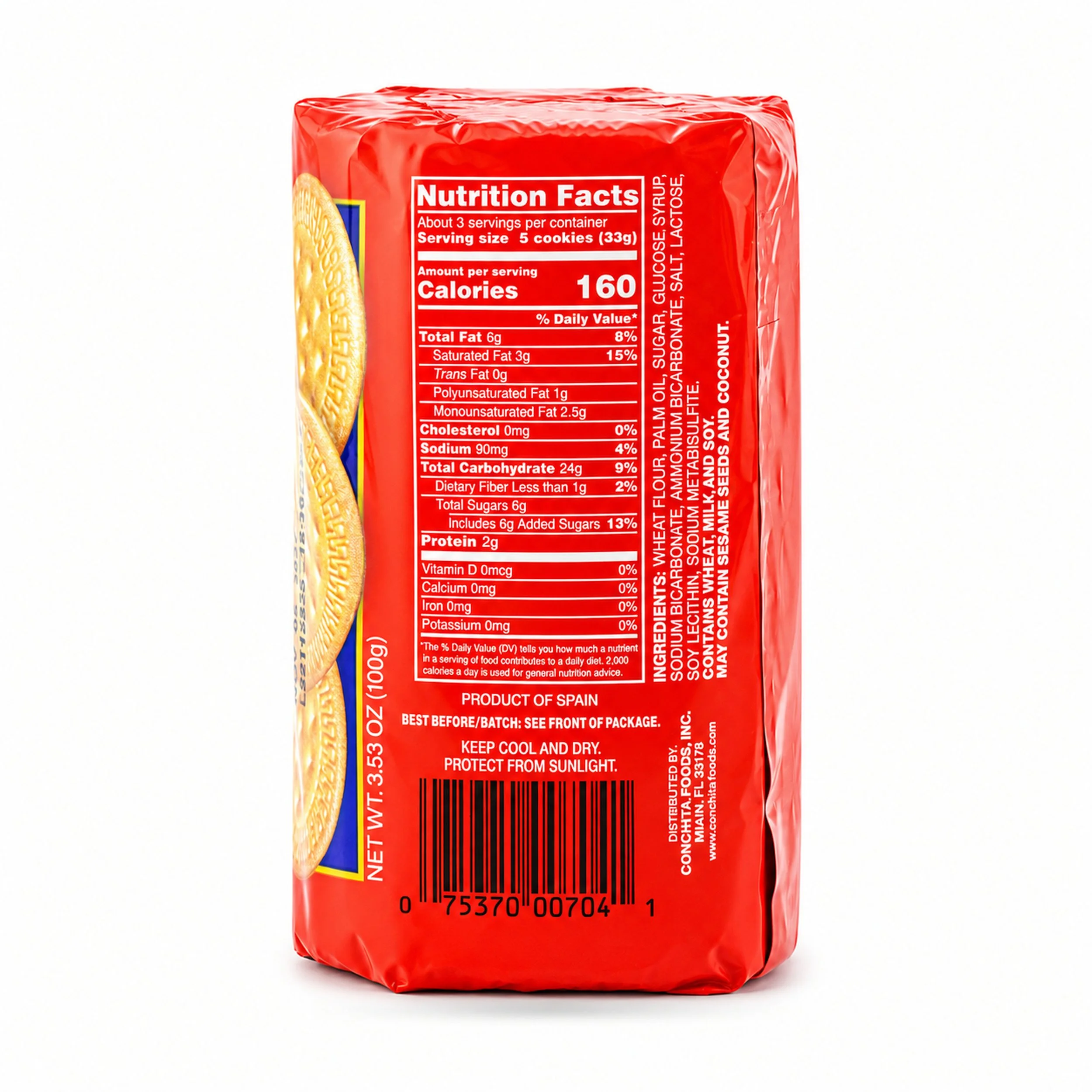 Conchita Dorada Maria Cookies (Galletas María) 100 g package, back label view