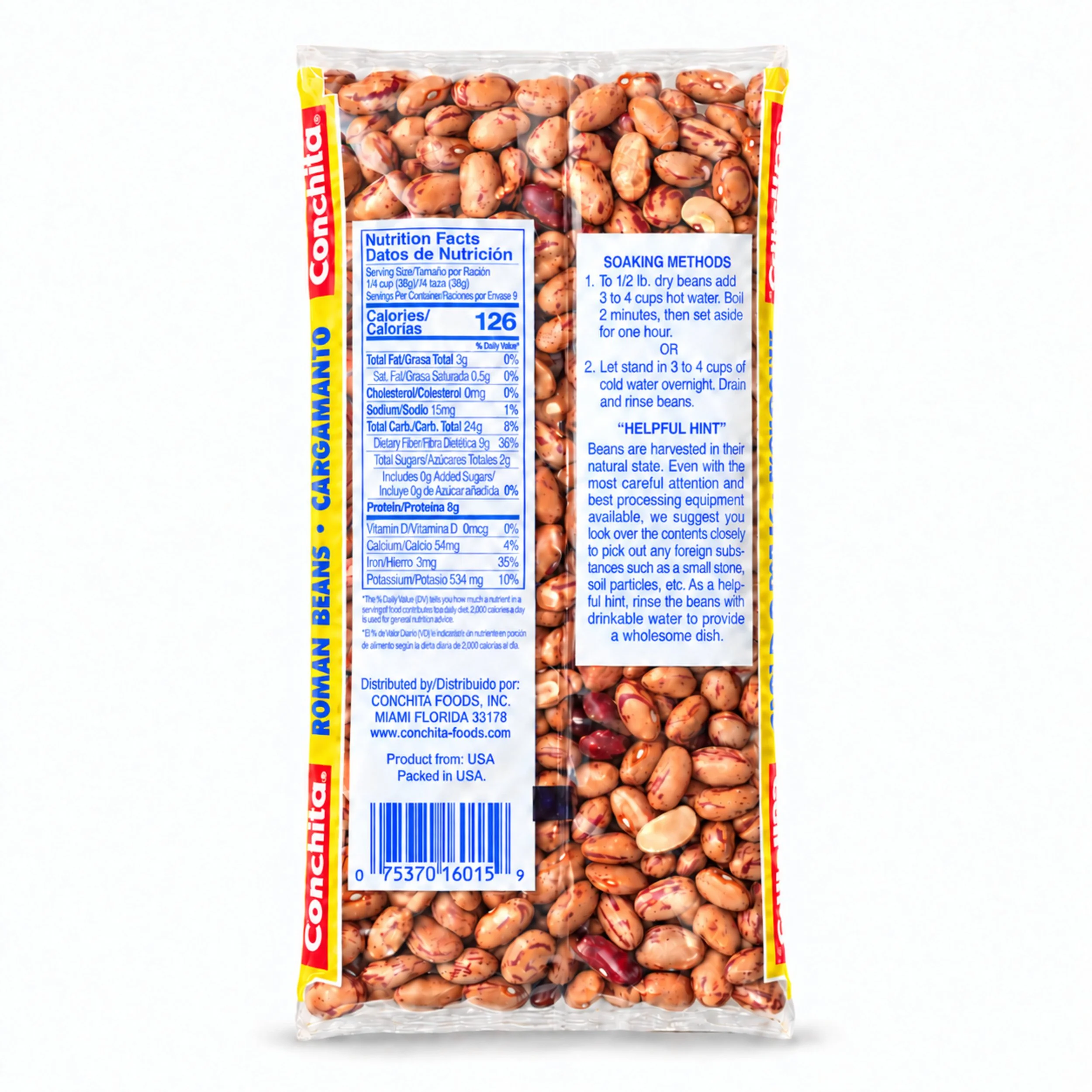 Conchita Roman Beans (Frijoles Cranberry) 12 oz dry bag, back label view