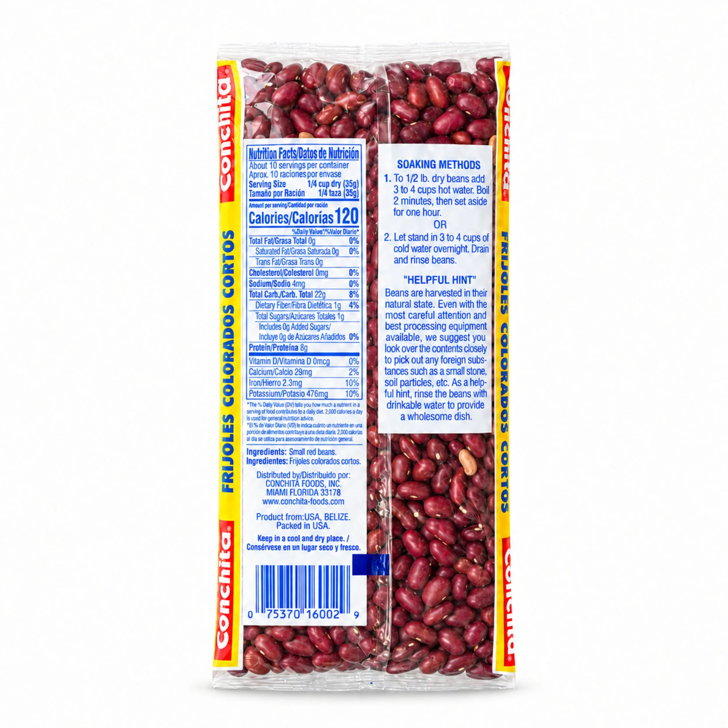 Conchita Small Red Beans (Frijoles Colorados) 12 oz dry bag, back label with nutrition facts