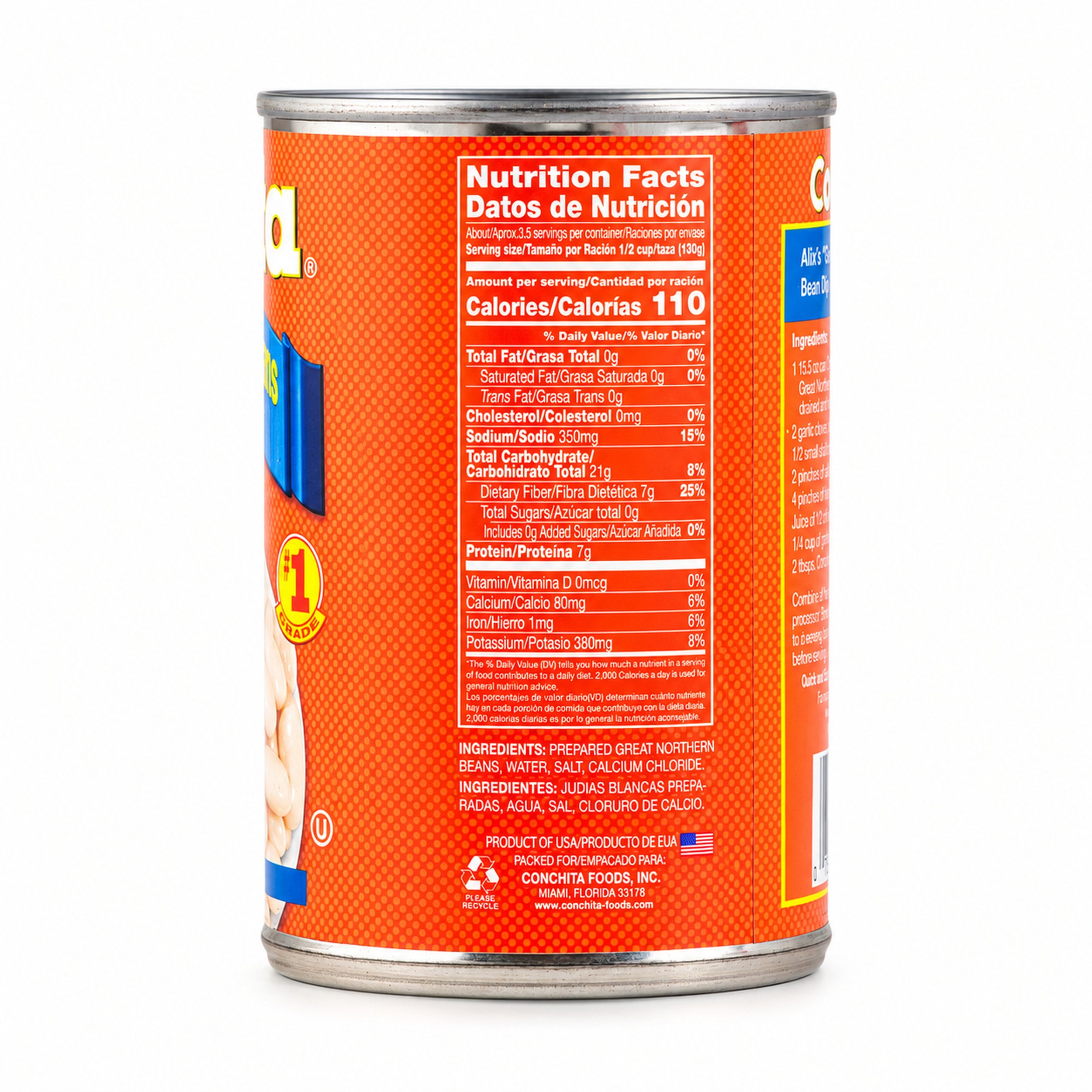 Conchita Great Northern Beans (Frijoles Blancos) 15.5 oz can, nutrition facts side view