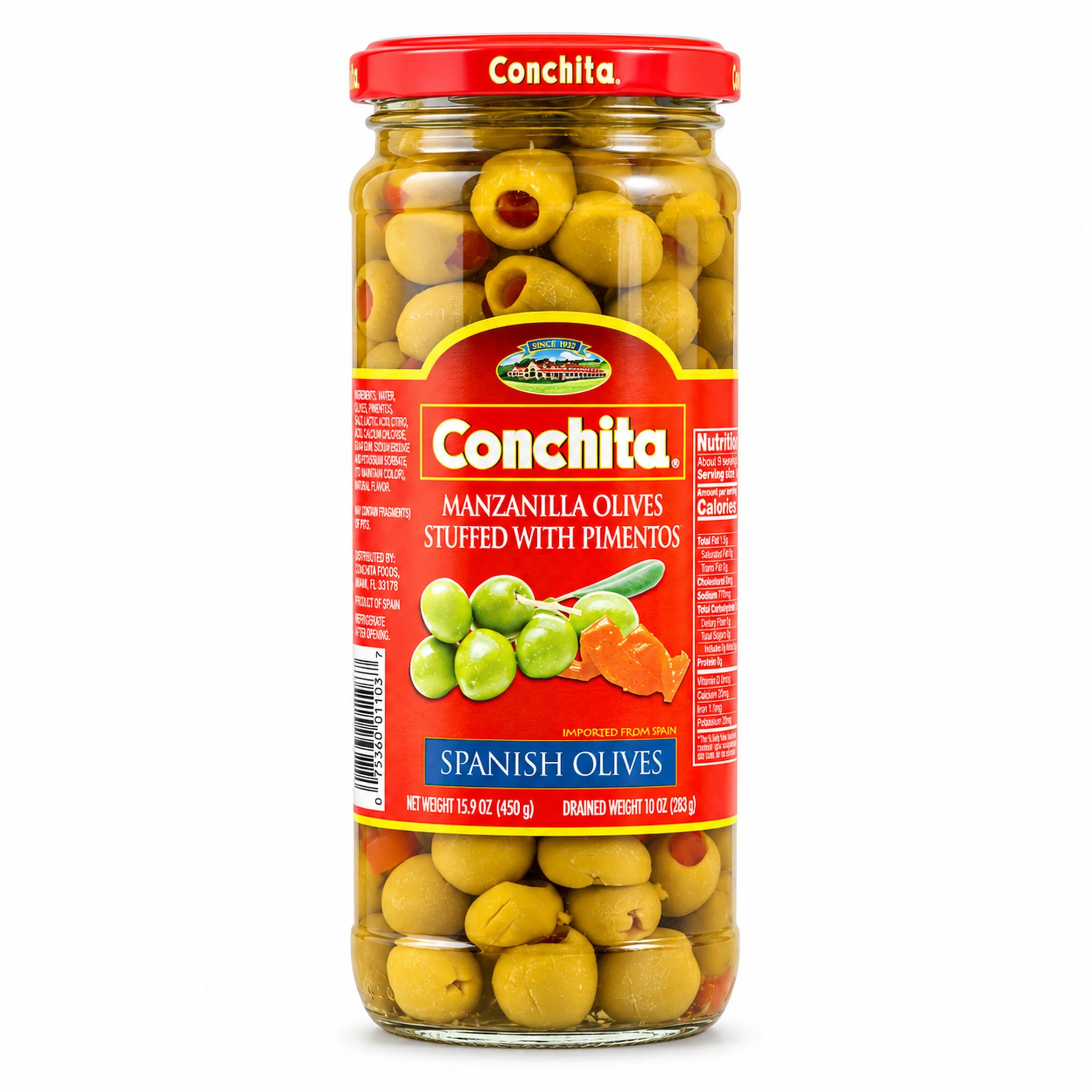 Conchita Spanish Stuffed Manzanilla Olives (Aceitunas Rellenas) 15.9 oz, front view