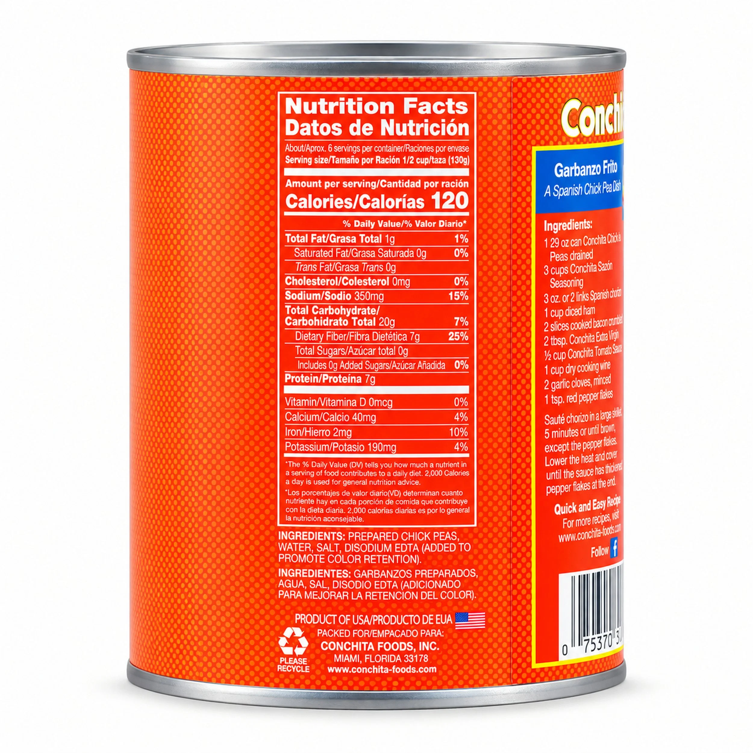 Conchita Chickpeas (Garbanzos) 29 oz can, side view with nutrition facts