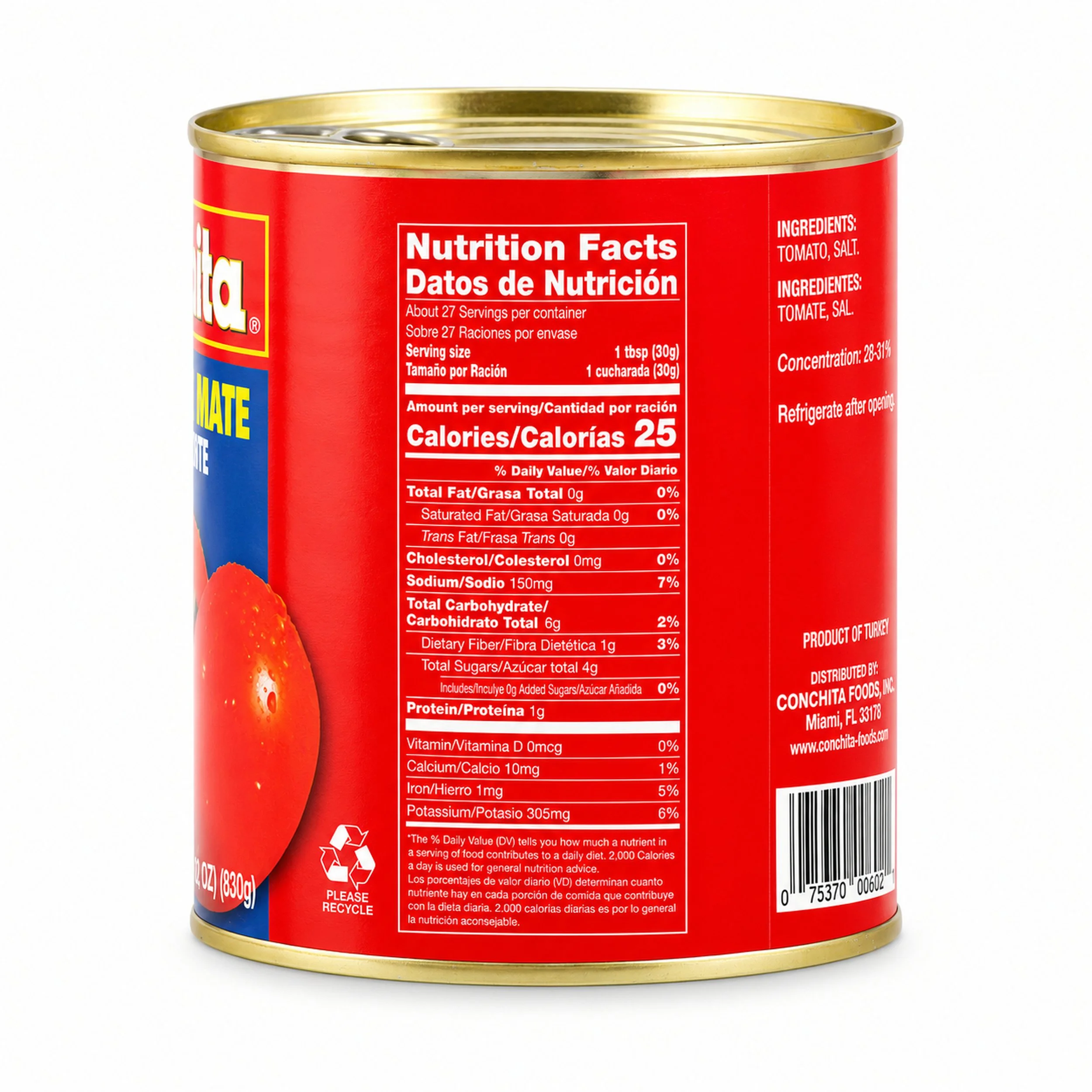 Conchita Tomato Paste (Pasta de Tomate) 29.2 oz can, nutrition facts side view
