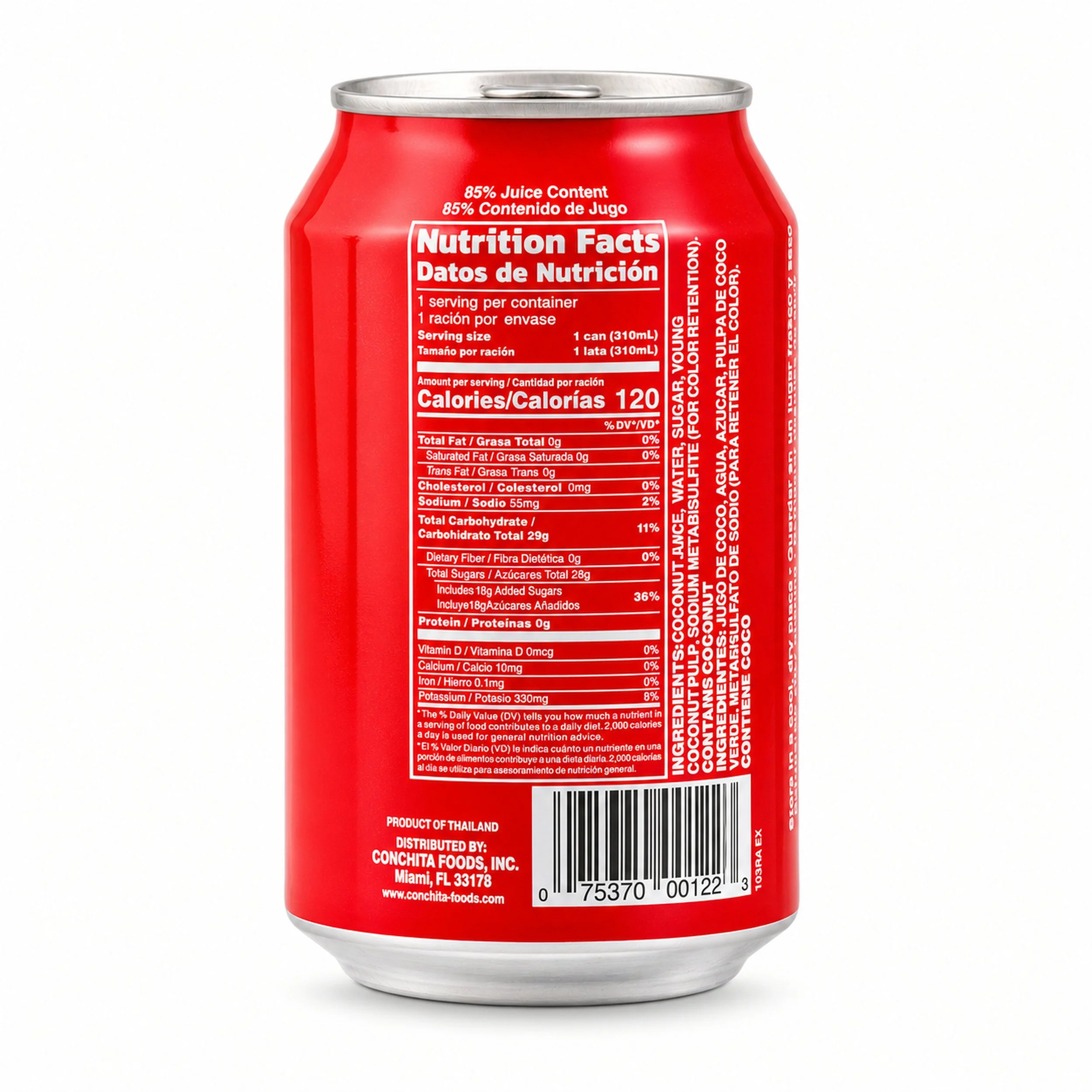 Conchita Coconut Water (Agua de Coco) 10.4 fl oz can, back label view