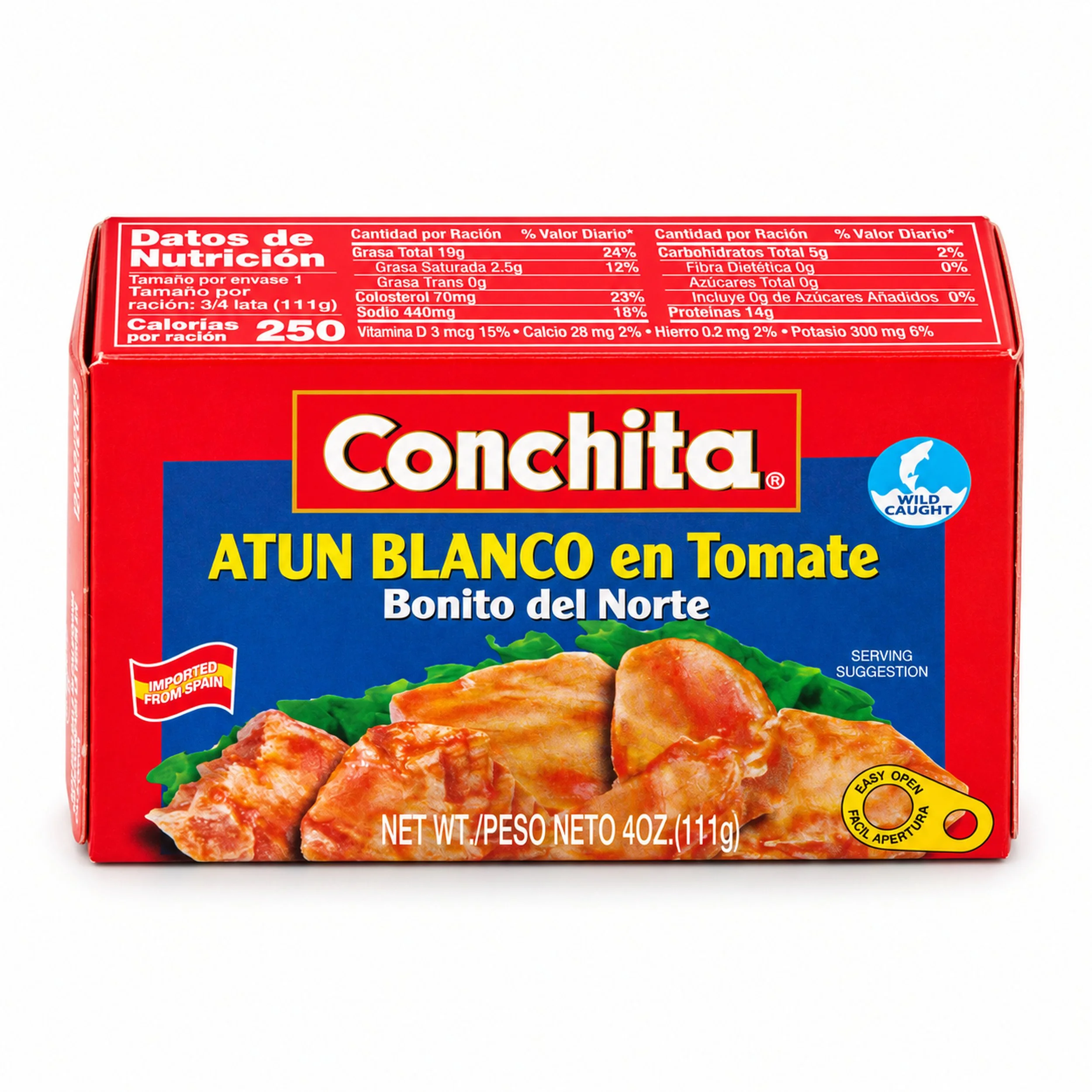 Conchita White Tuna in Tomato (Atún Blanco en Tomate) 4 oz box, Spanish-language back panel, angled view