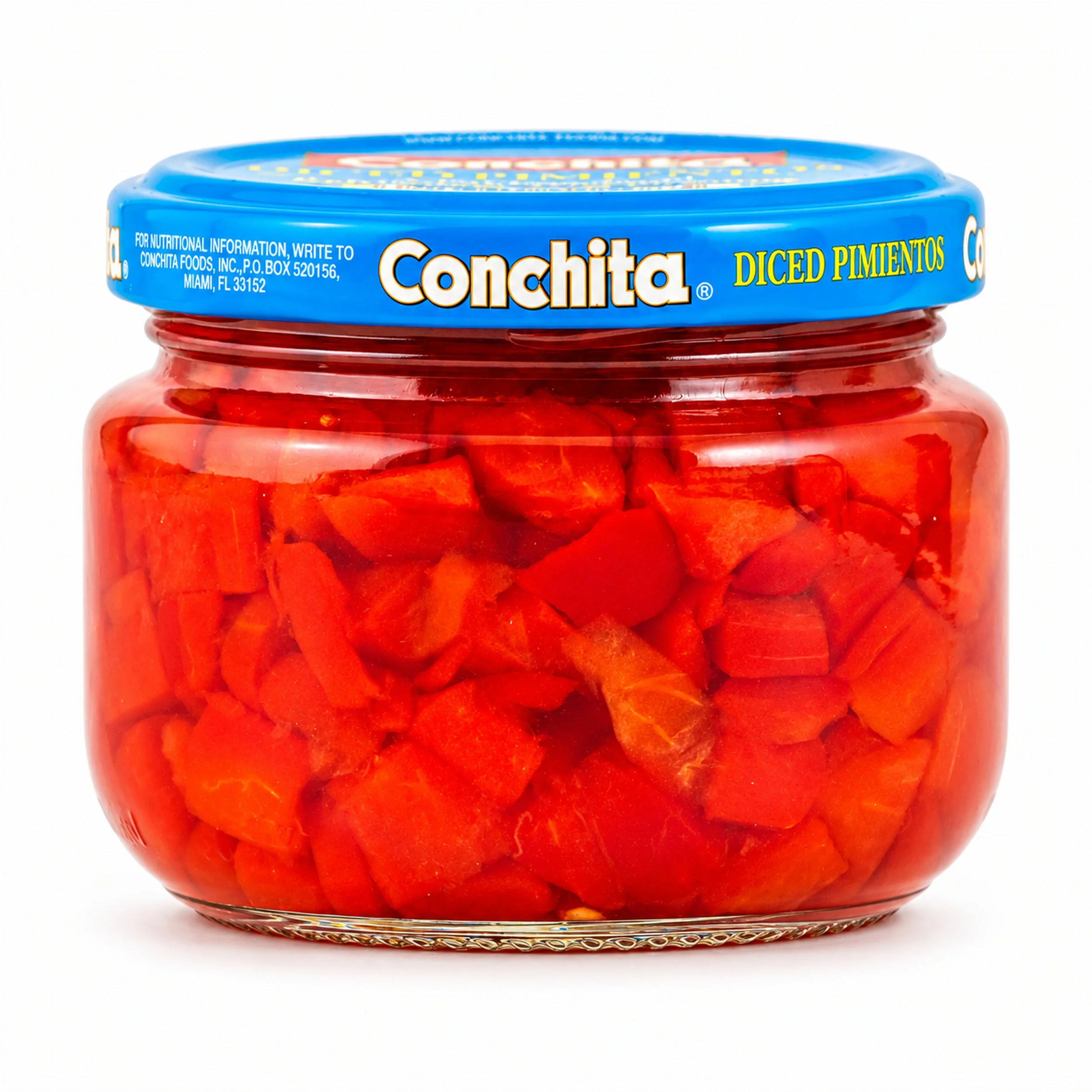Conchita Diced Pimientos (Pimentos) glass jar with blue lid, front label view