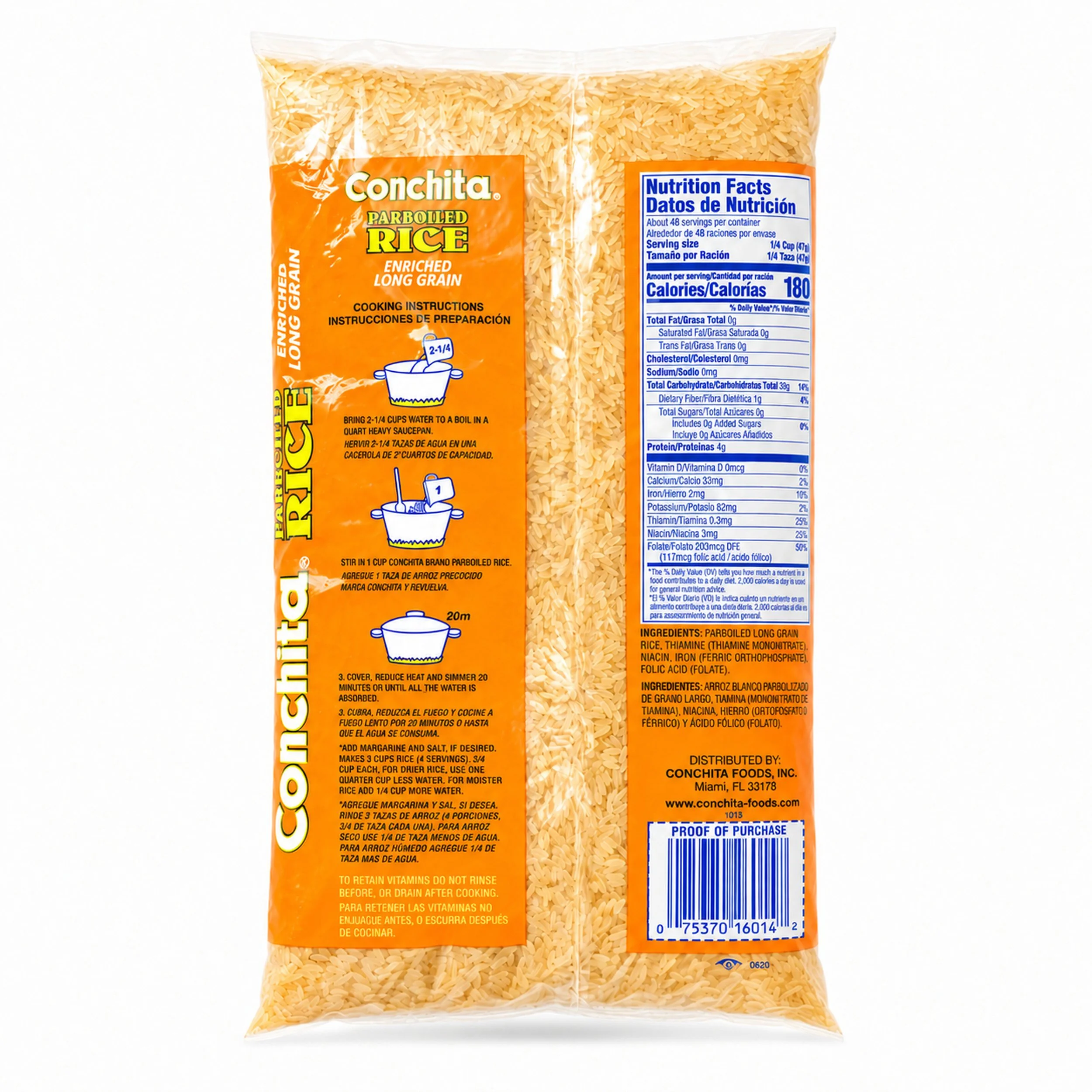 Conchita Parboiled Rice (Arroz Precocido) 5 lb bag, back label view