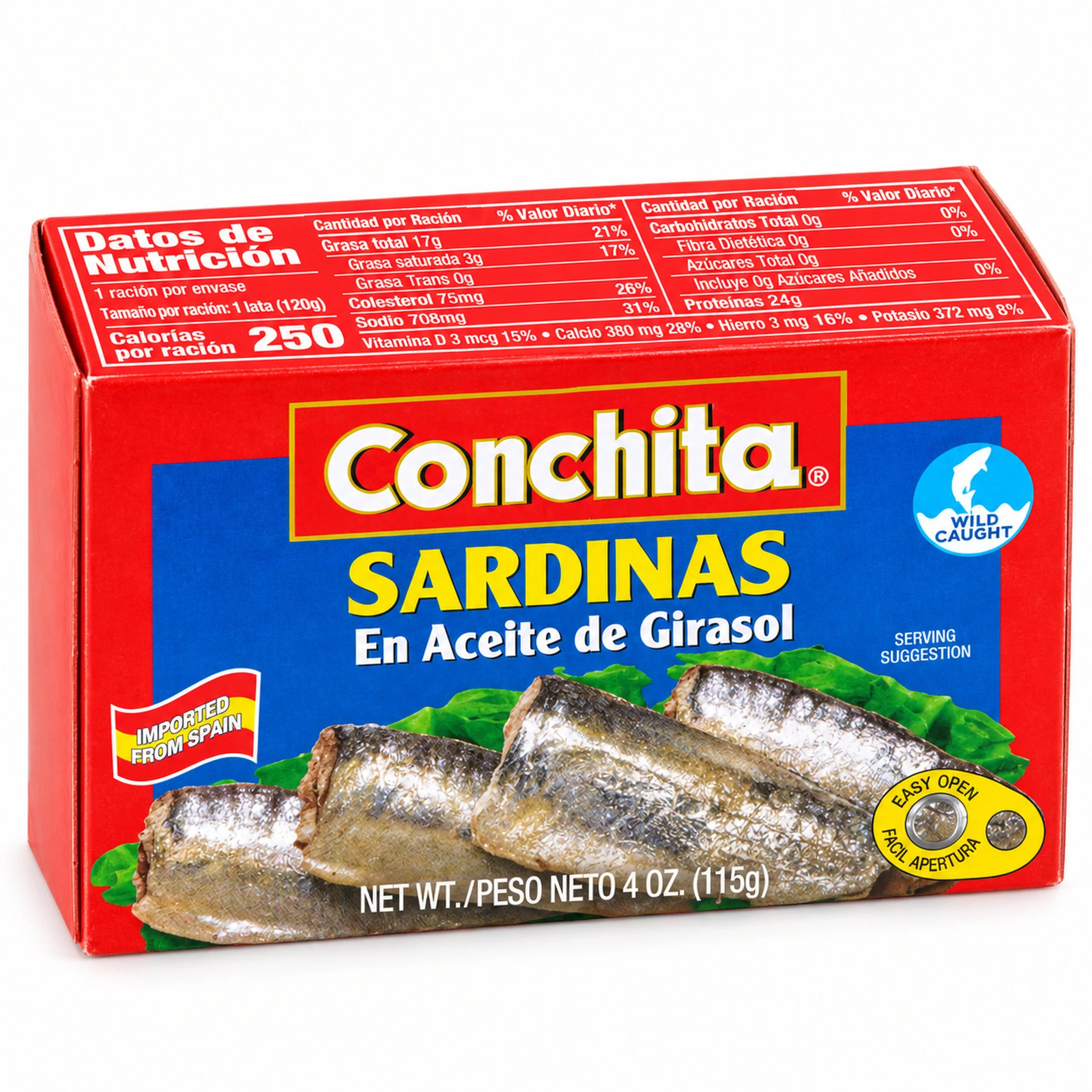 Conchita Sardines in Sunflower Oil (Sardinas en Aceite de Girasol) 4 oz box, angled view