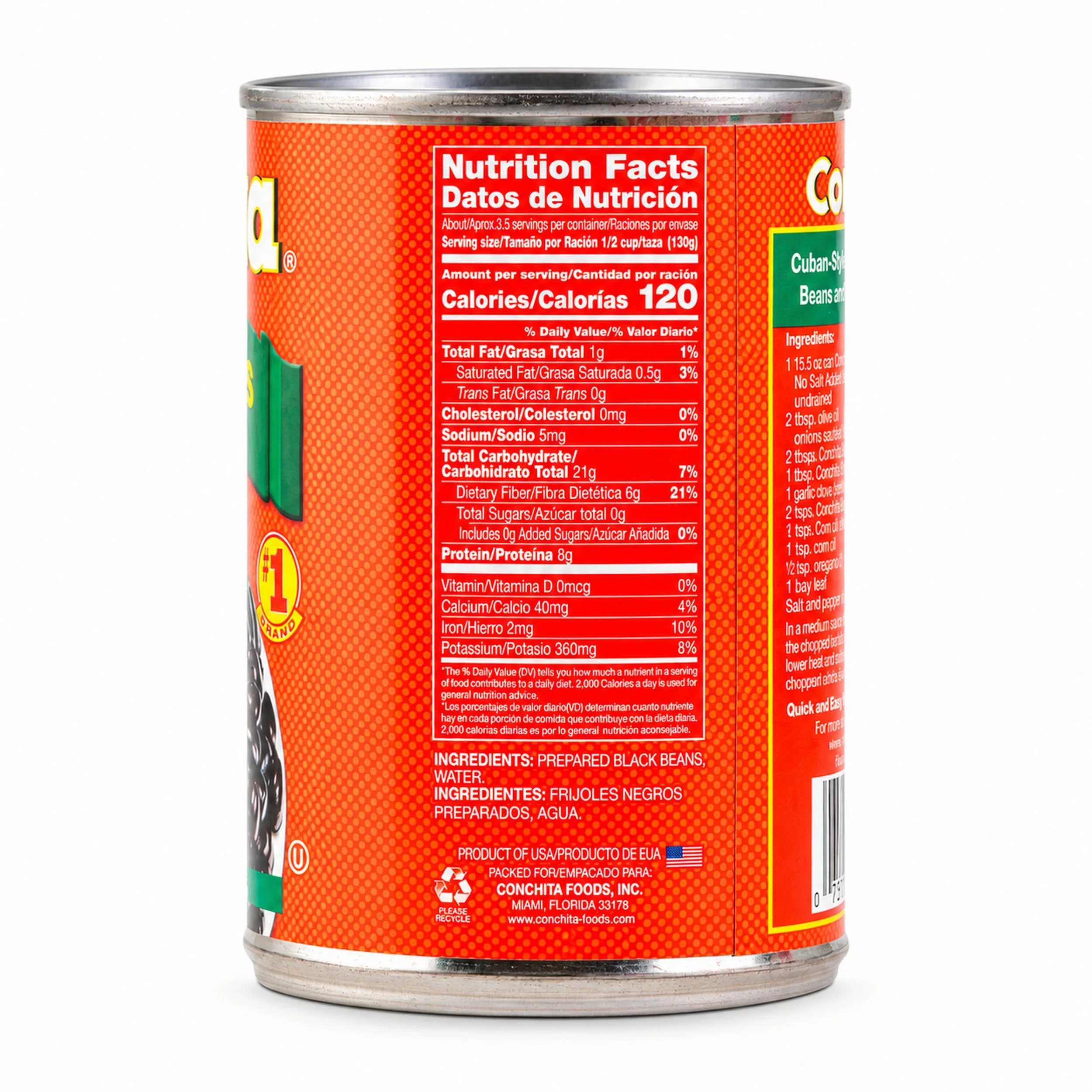 Conchita No Salt Added Black Beans (Frijoles Negros sin Sal) 15.5 oz can, nutrition facts side view