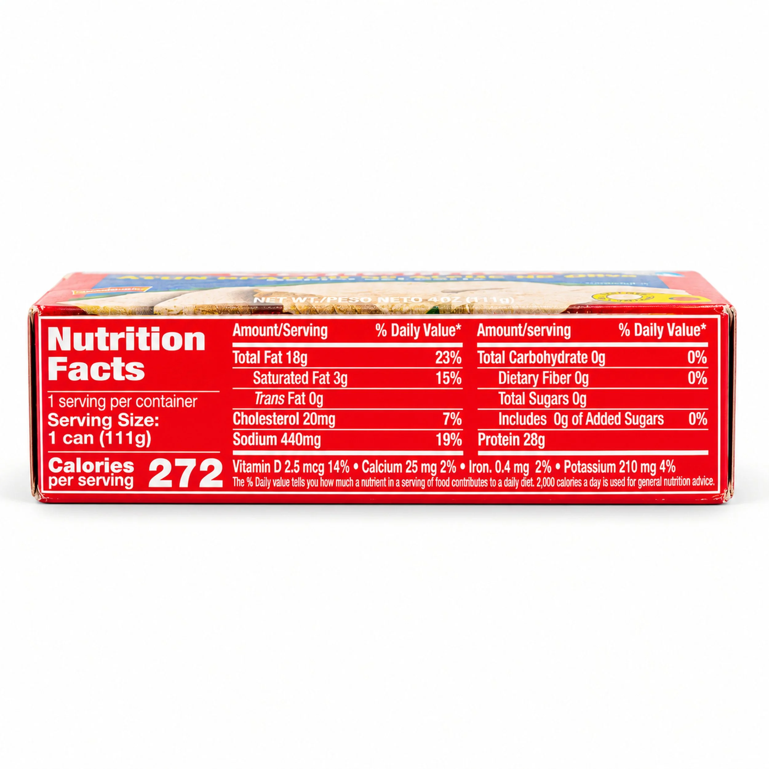 Conchita White Tuna in Olive Oil (Atún Blanco en Aceite de Oliva) 4 oz box, nutrition facts side view