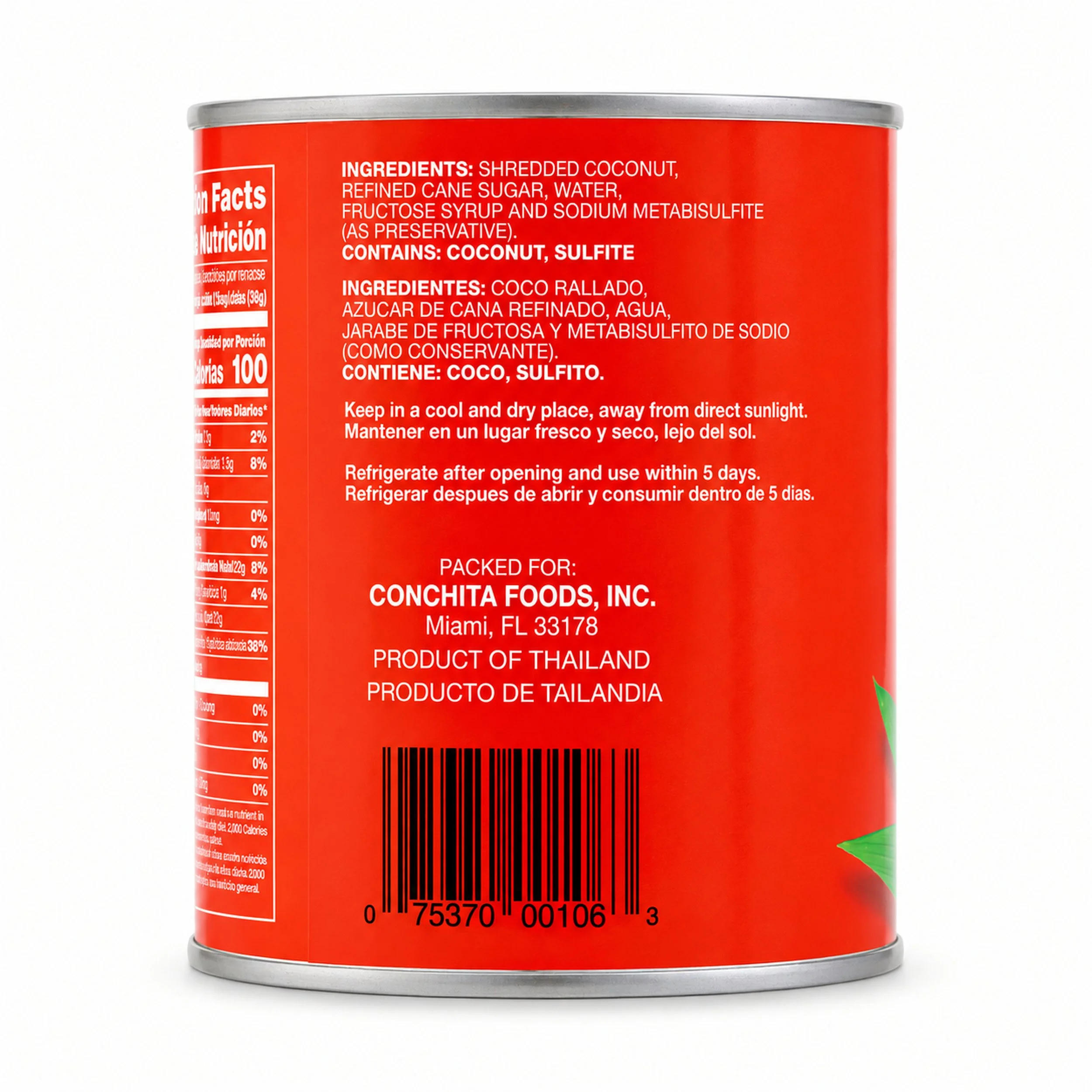 Conchita Grated Coconut in Syrup (Coco Rallado) 32 oz can, back label view