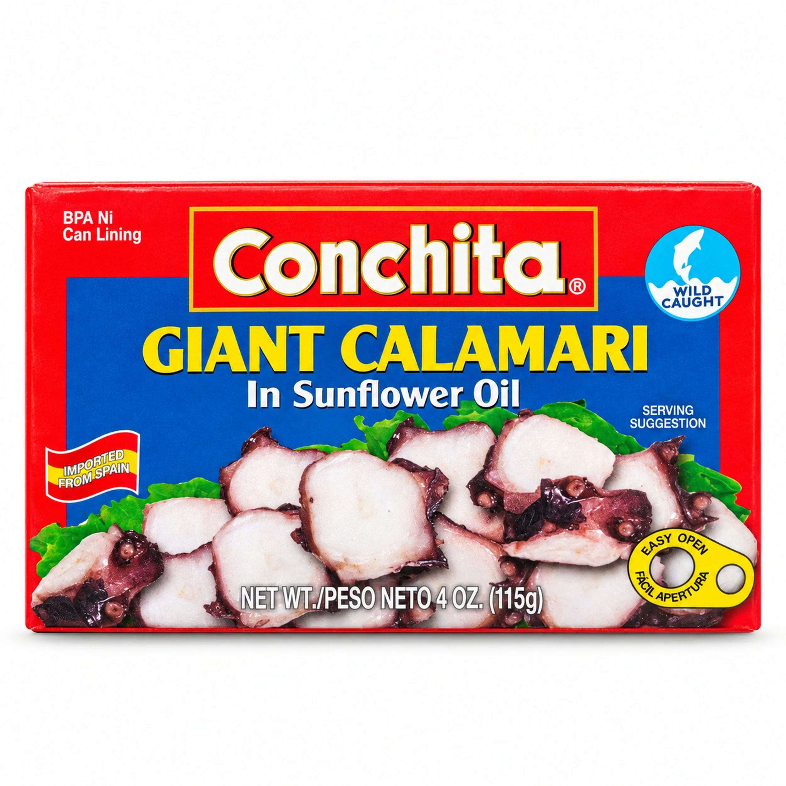 Conchita Giant Calamari in Sunflower Oil (Calamar Jumbo en Aceite de Girasol) 4 oz box, front view
