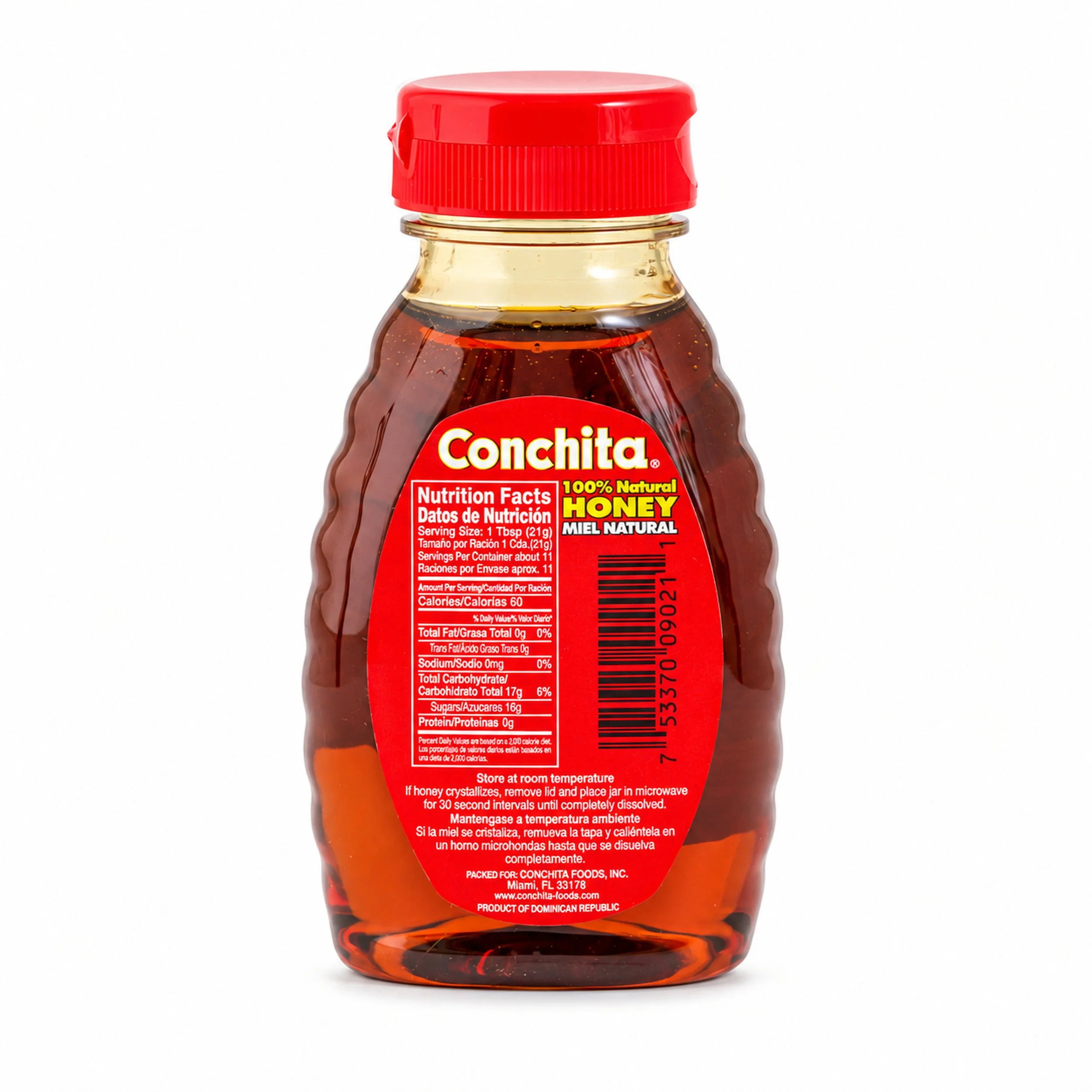 Conchita Honey (Miel) 8 oz squeeze bottle, back label view