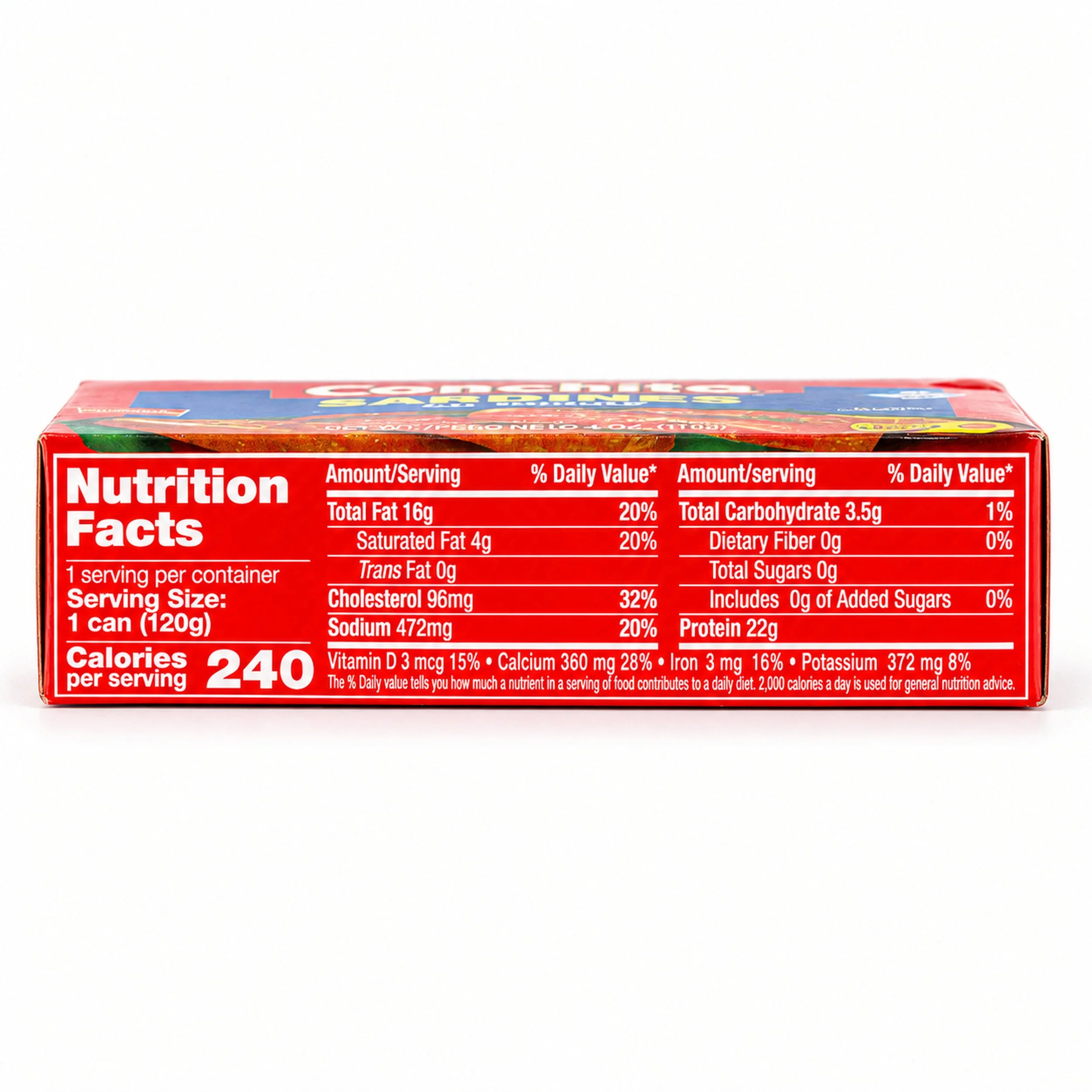 Conchita Sardines in Tomato Sauce (Sardinas en Tomate) 4 oz box, nutrition facts side view