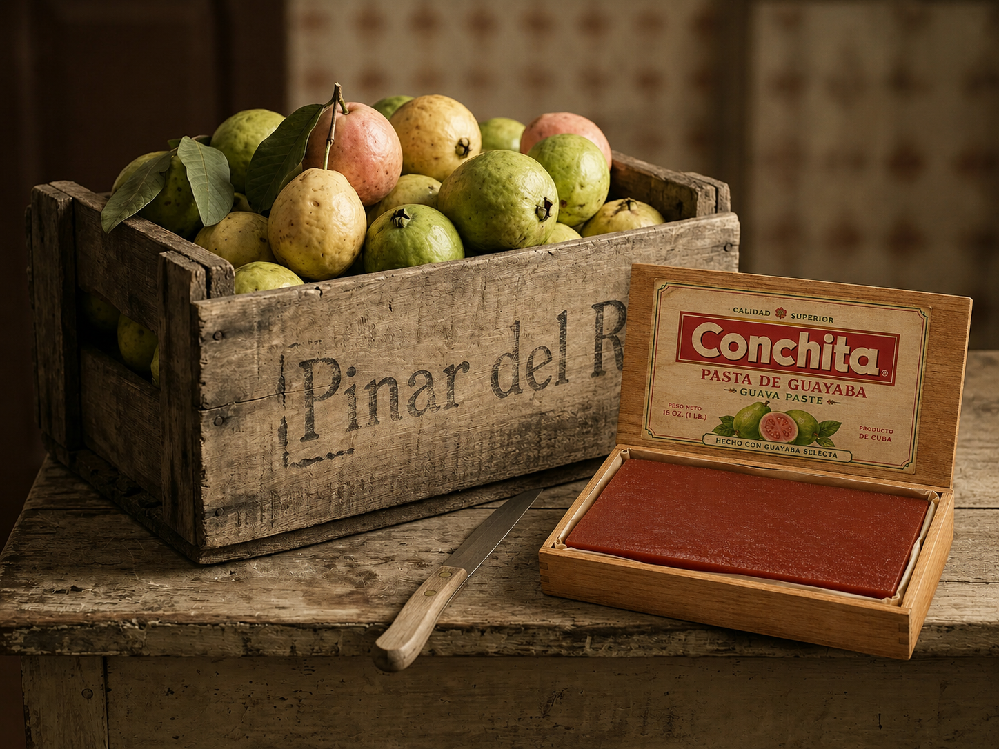 Wooden crate of fresh guavas stamped Pinar del Río beside an open box of Conchita Guava Paste