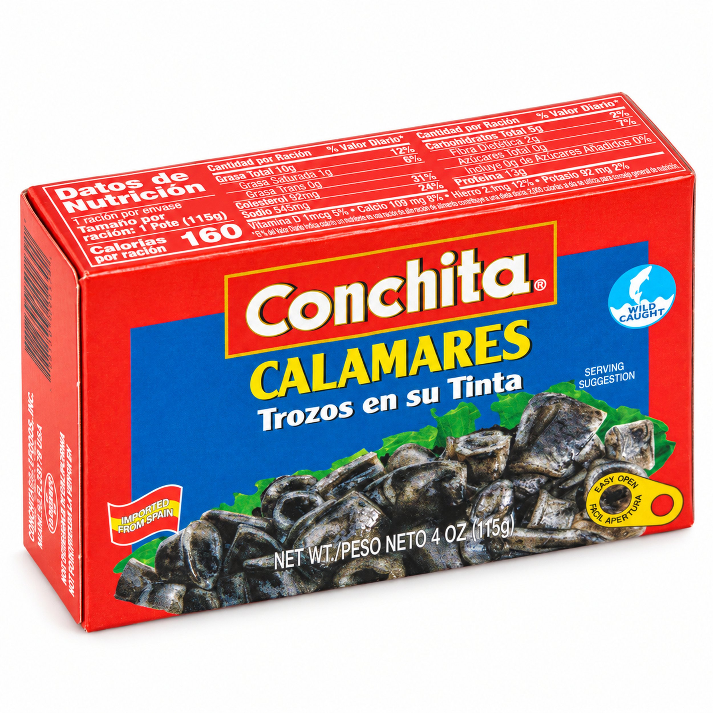 Conchita Squid in Their Own Ink (Calamares en su Tinta) 4 oz box, Spanish-language back panel, angled view