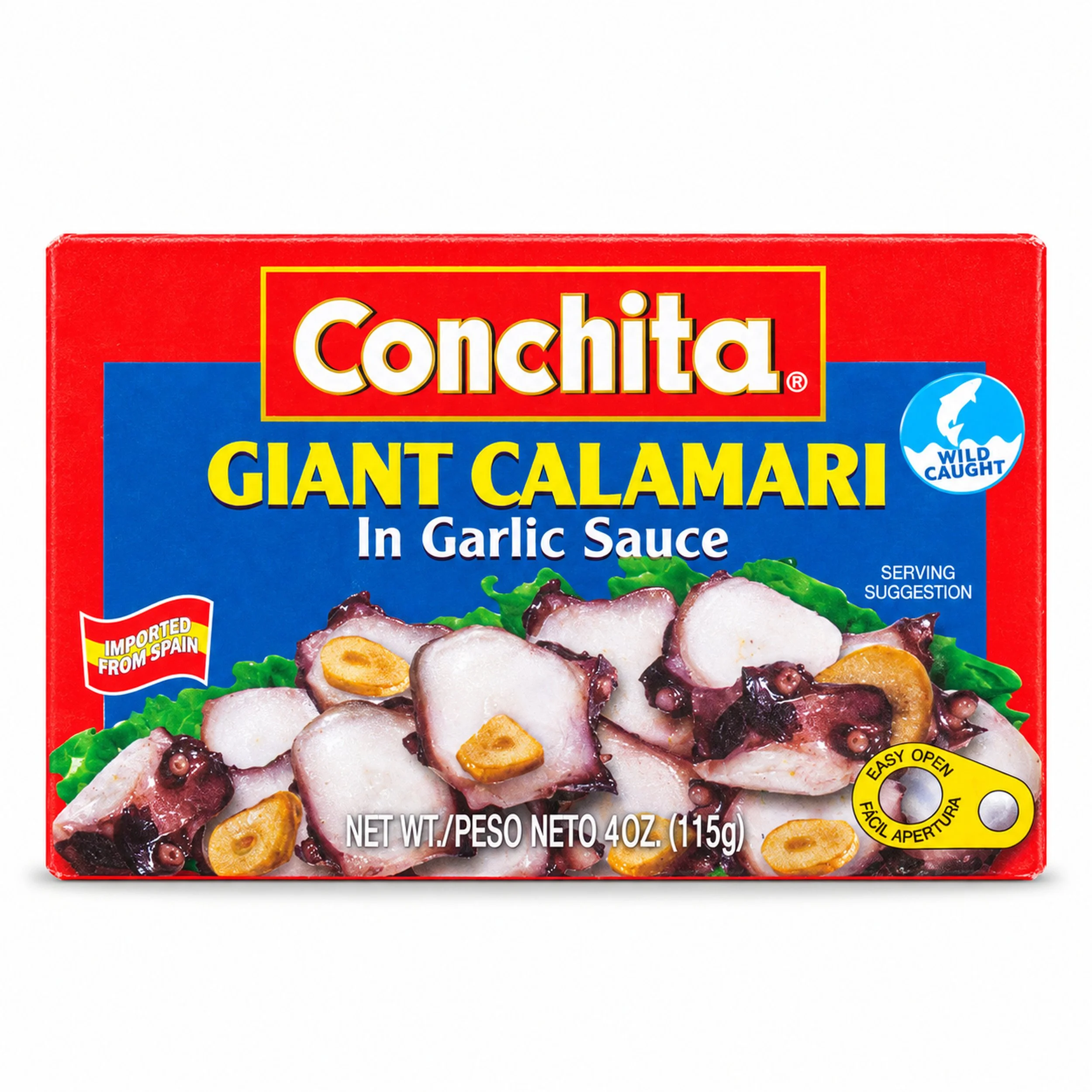 Conchita Giant Calamari in Garlic Sauce (Calamar Jumbo al Ajillo) 4 oz box, front view