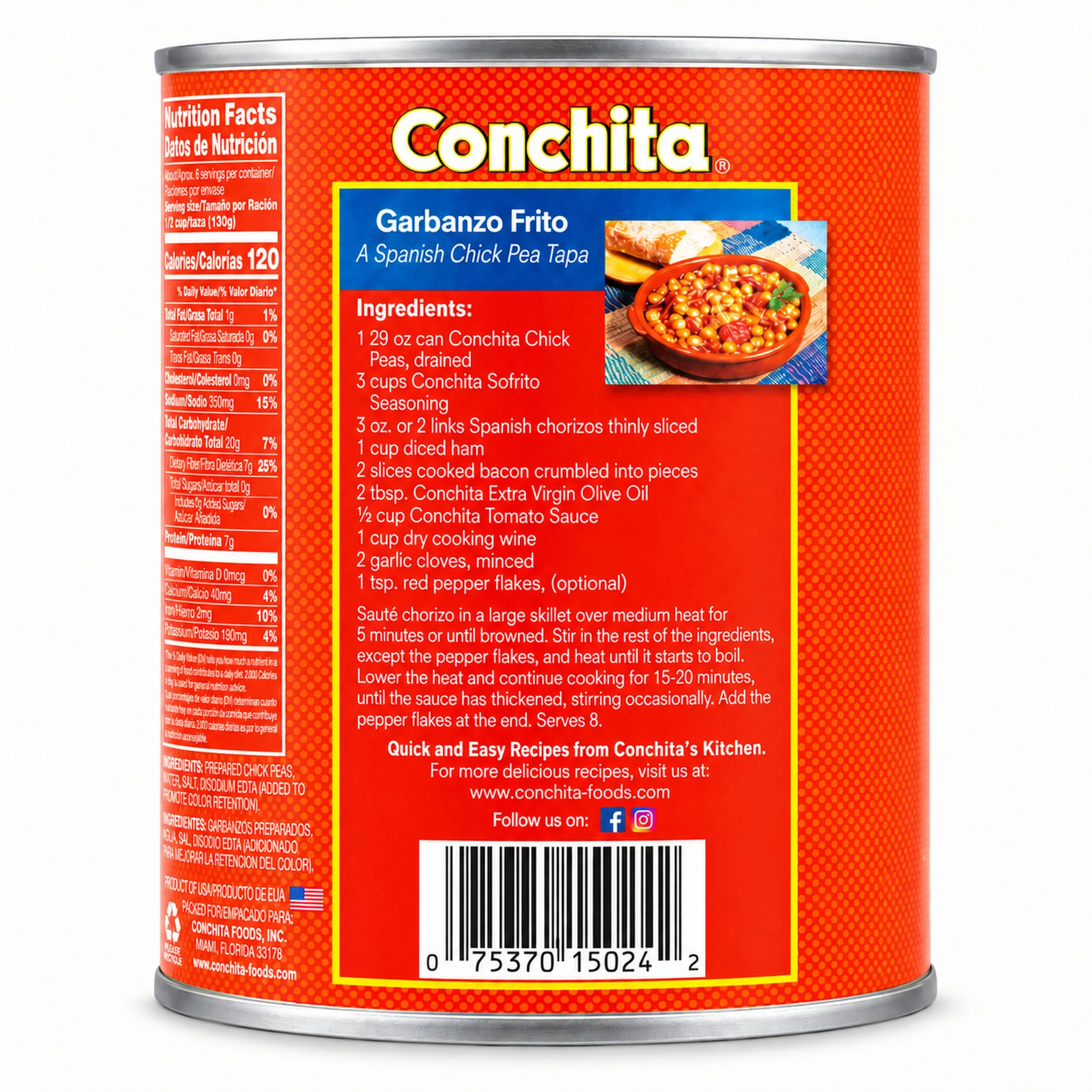 Conchita Chickpeas (Garbanzos) 29 oz can, back label with nutrition facts