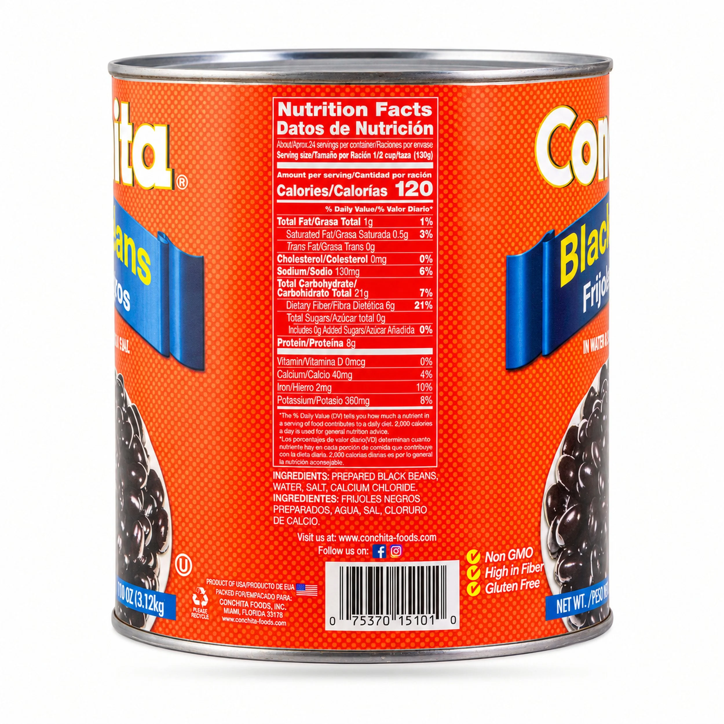 Conchita Black Beans (Frijoles Negros) 110 oz can, nutrition facts side view