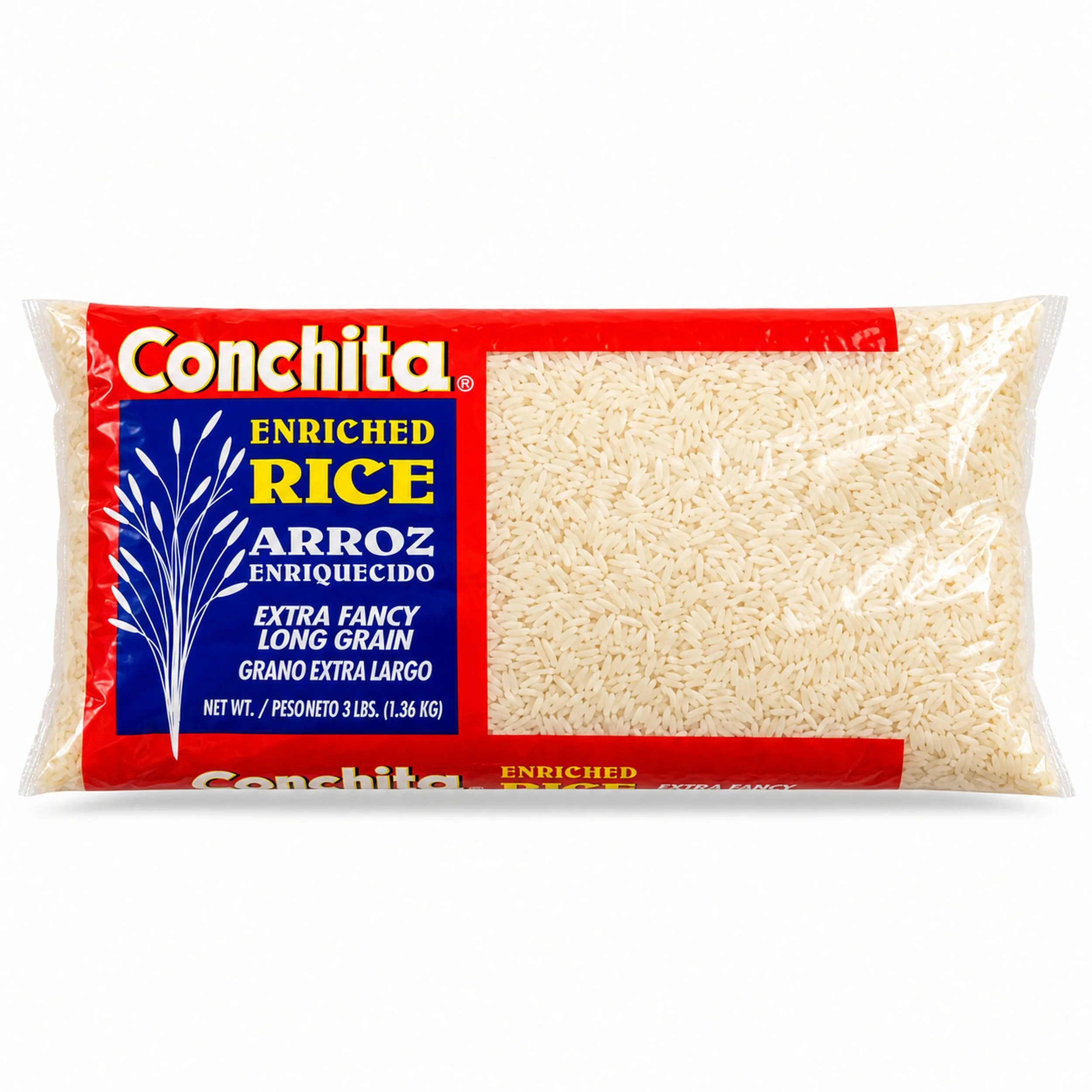 Conchita Enriched Long Grain Rice (Arroz) 3 lb bag, front label view