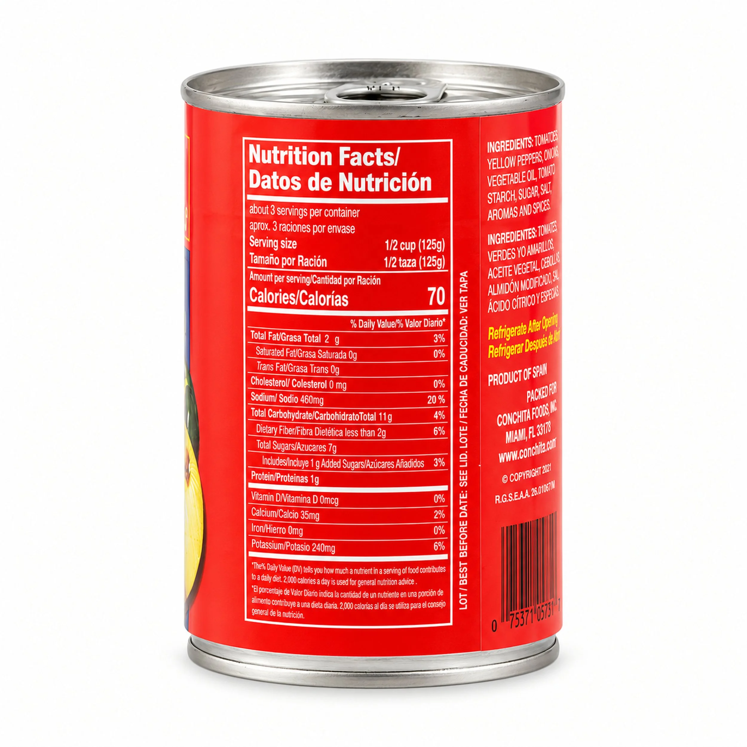 Conchita Sofrito Seasoning (Sofrito Español) 13.75 oz can, back view with nutrition label