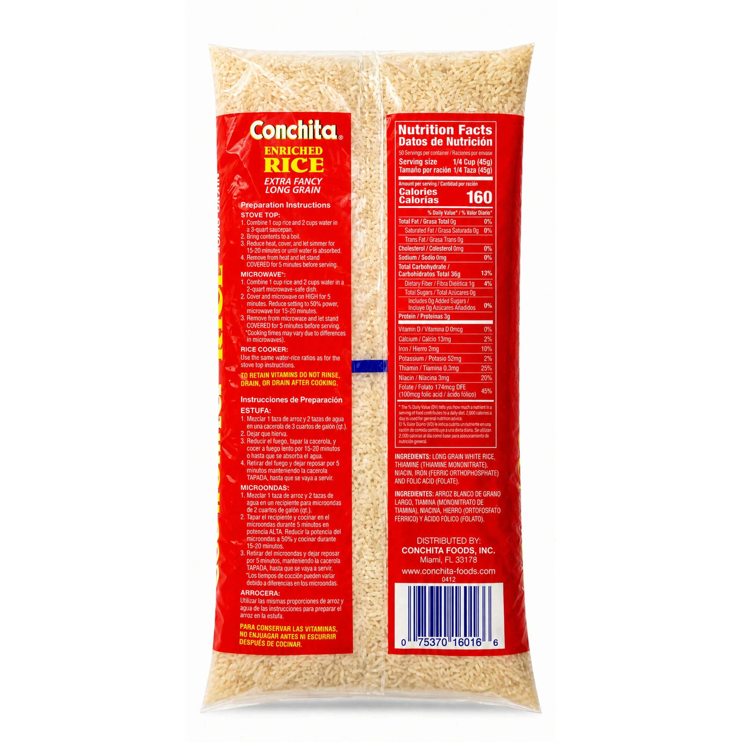 Conchita Enriched Long Grain Rice (Arroz) 5 lb bag, back label with nutrition facts