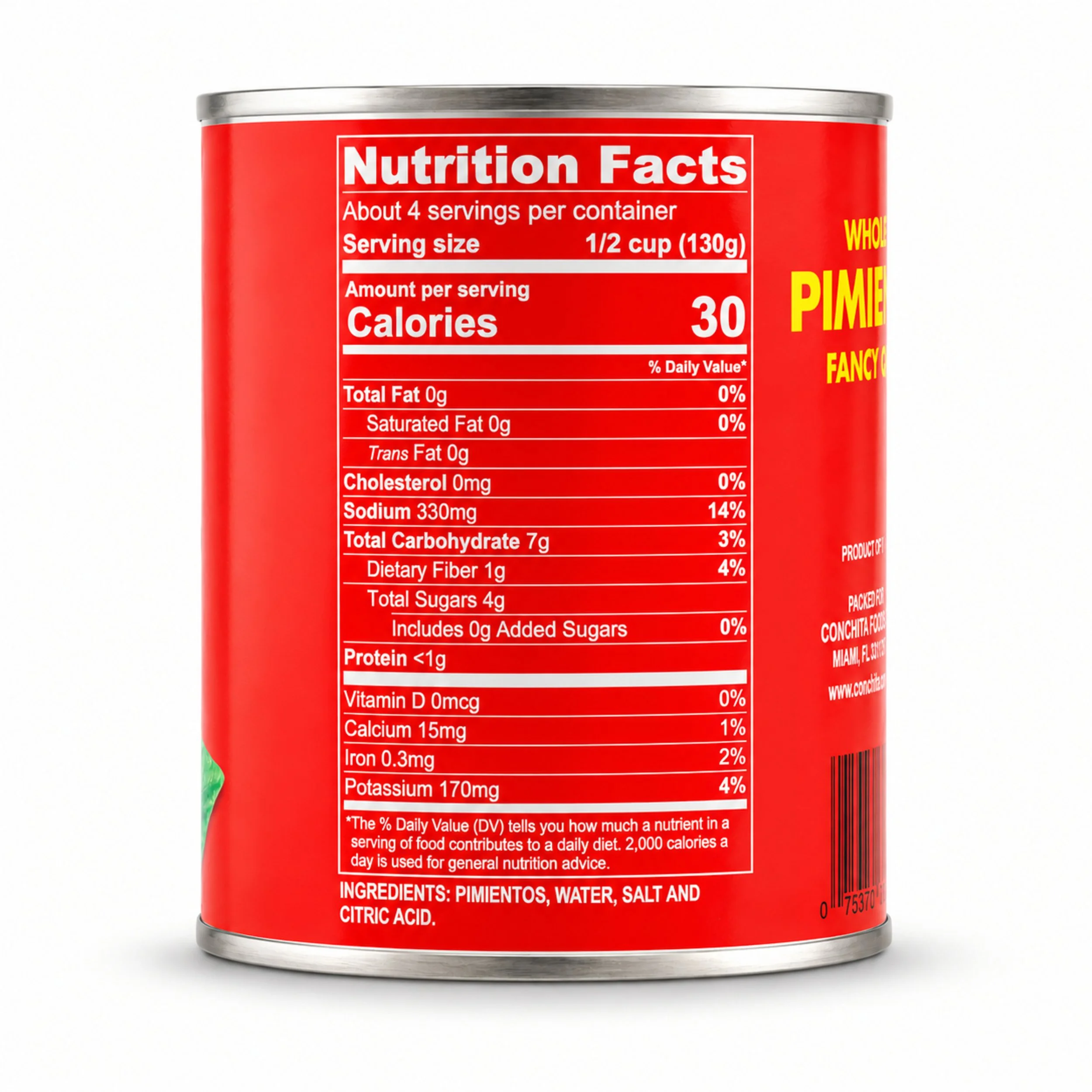 Conchita Fancy Whole Red Pimientos (Pimentos) 28 oz can, side view with nutrition facts