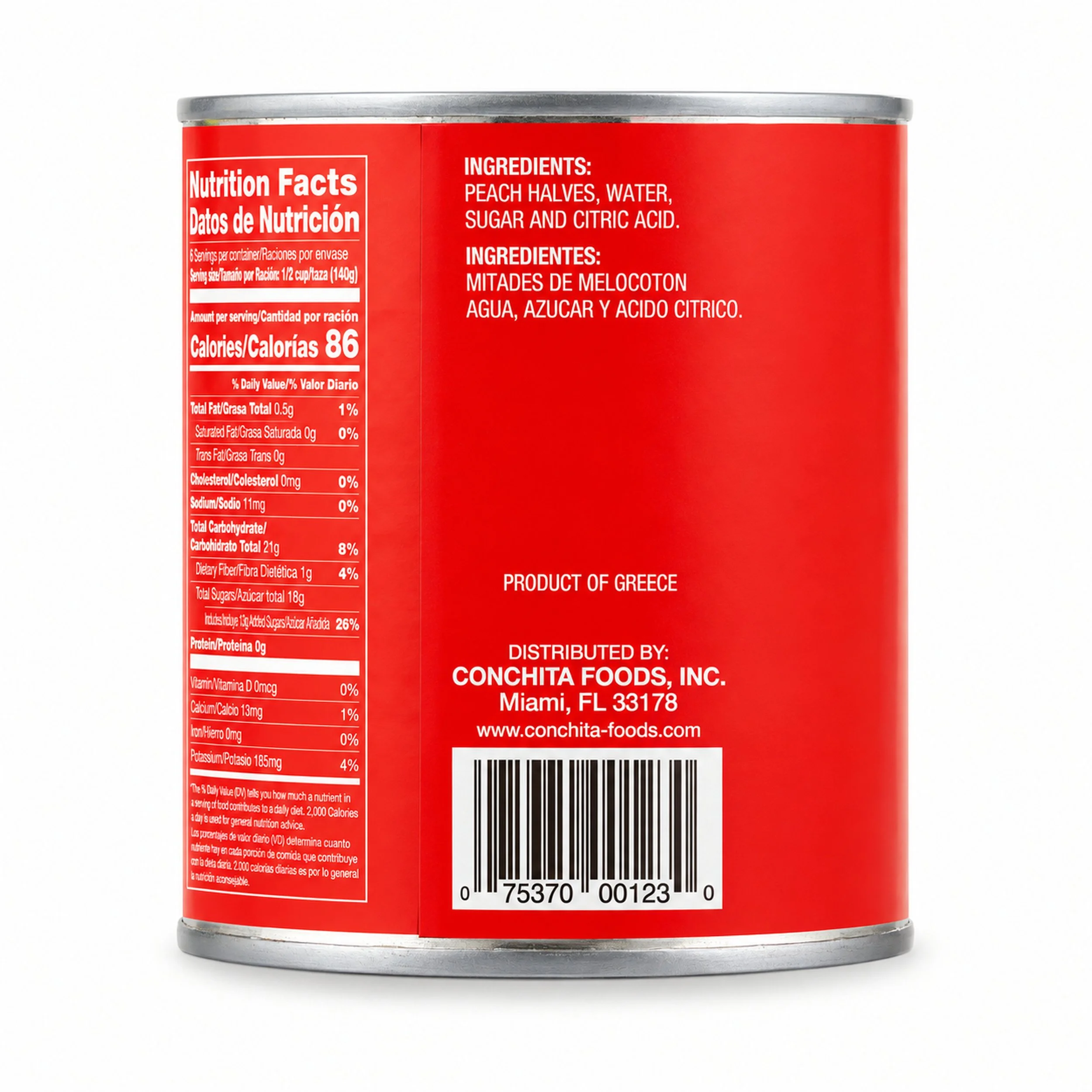 Conchita Peach Halves in Syrup (Melocotones en Mitades) 29 oz can, back label view