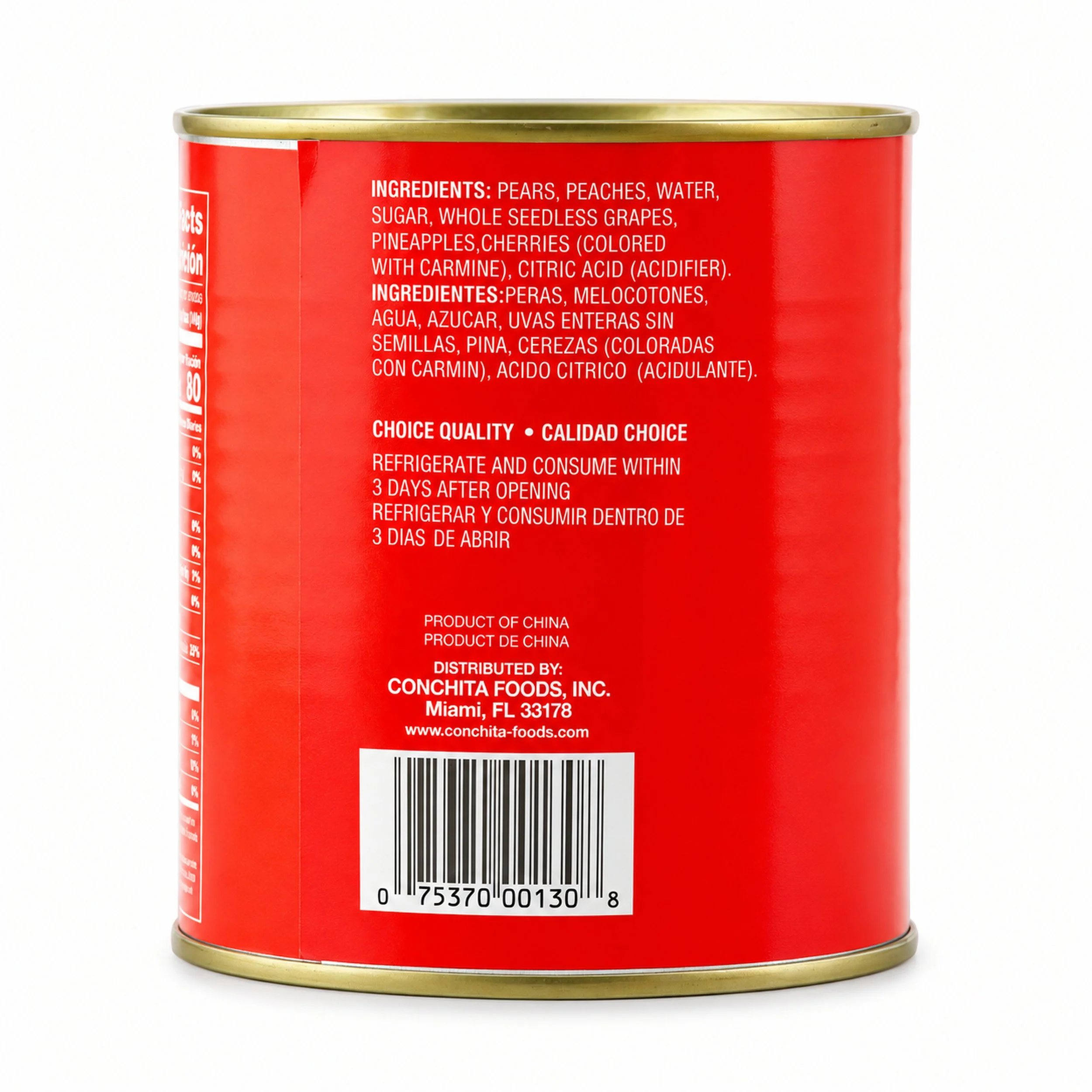 Conchita Fruit Cocktail (Cóctel de Frutas) 29 oz can, back label view