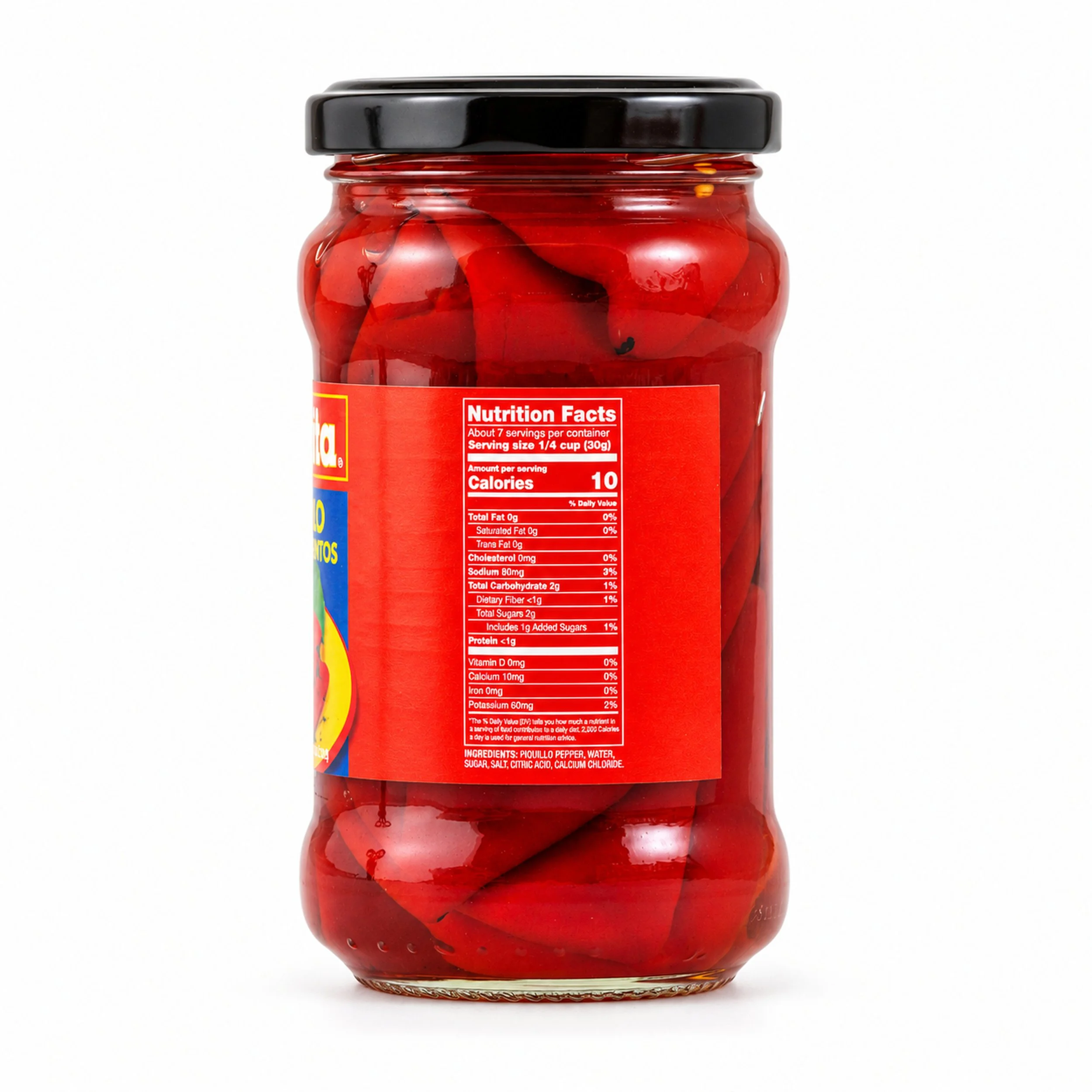 Conchita Red Piquillo Peppers (Pimientos) 9.9 oz jar, back label with nutrition facts
