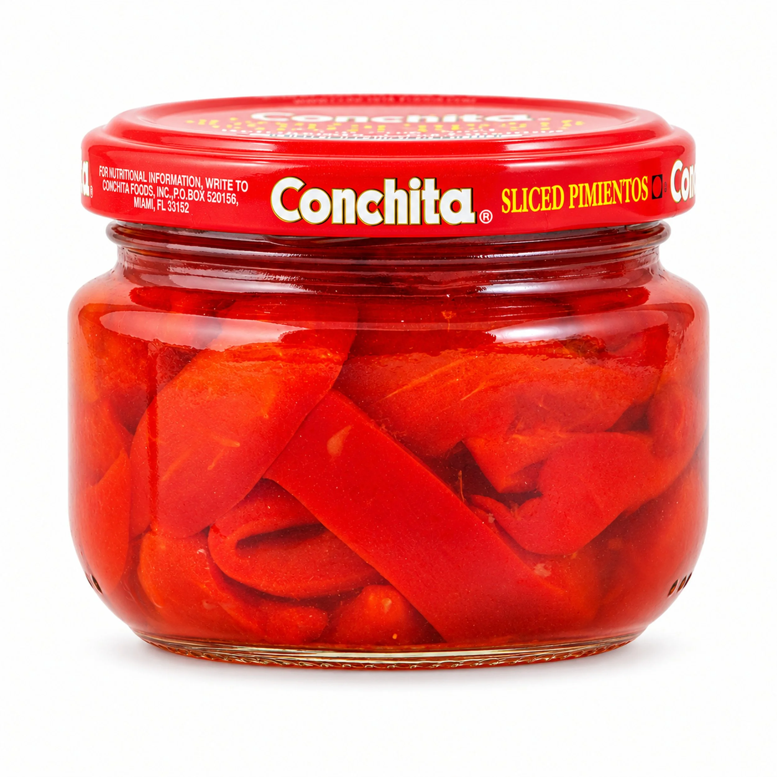 Conchita Sliced Pimientos (Pimentos) glass jar with red lid, front label view