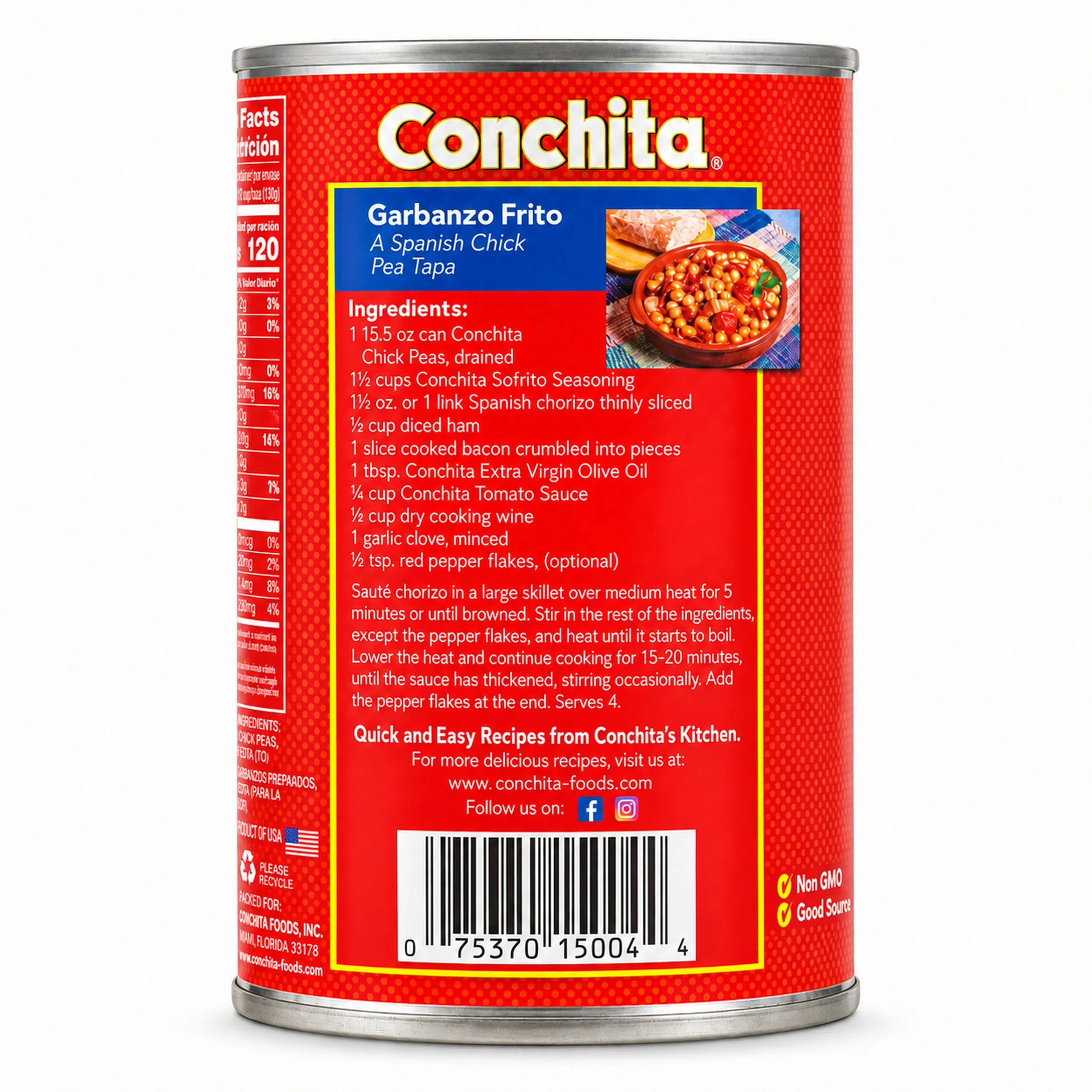 Conchita Chickpeas (Garbanzos) 15.5 oz can, back label with nutrition facts