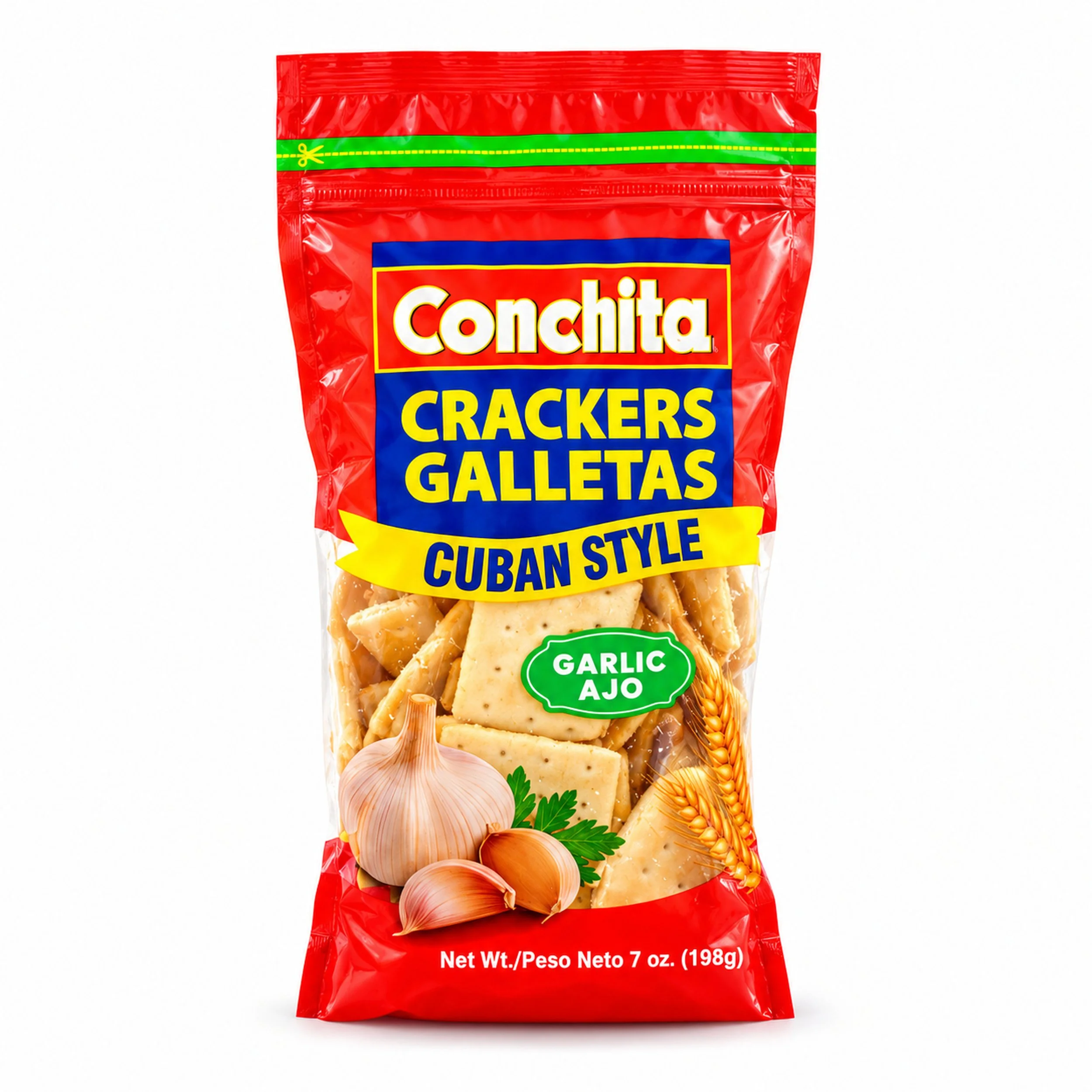 Conchita Cuban-Style Garlic Crackers (Galletas Cubanas con Ajo) 198 g bag, front view