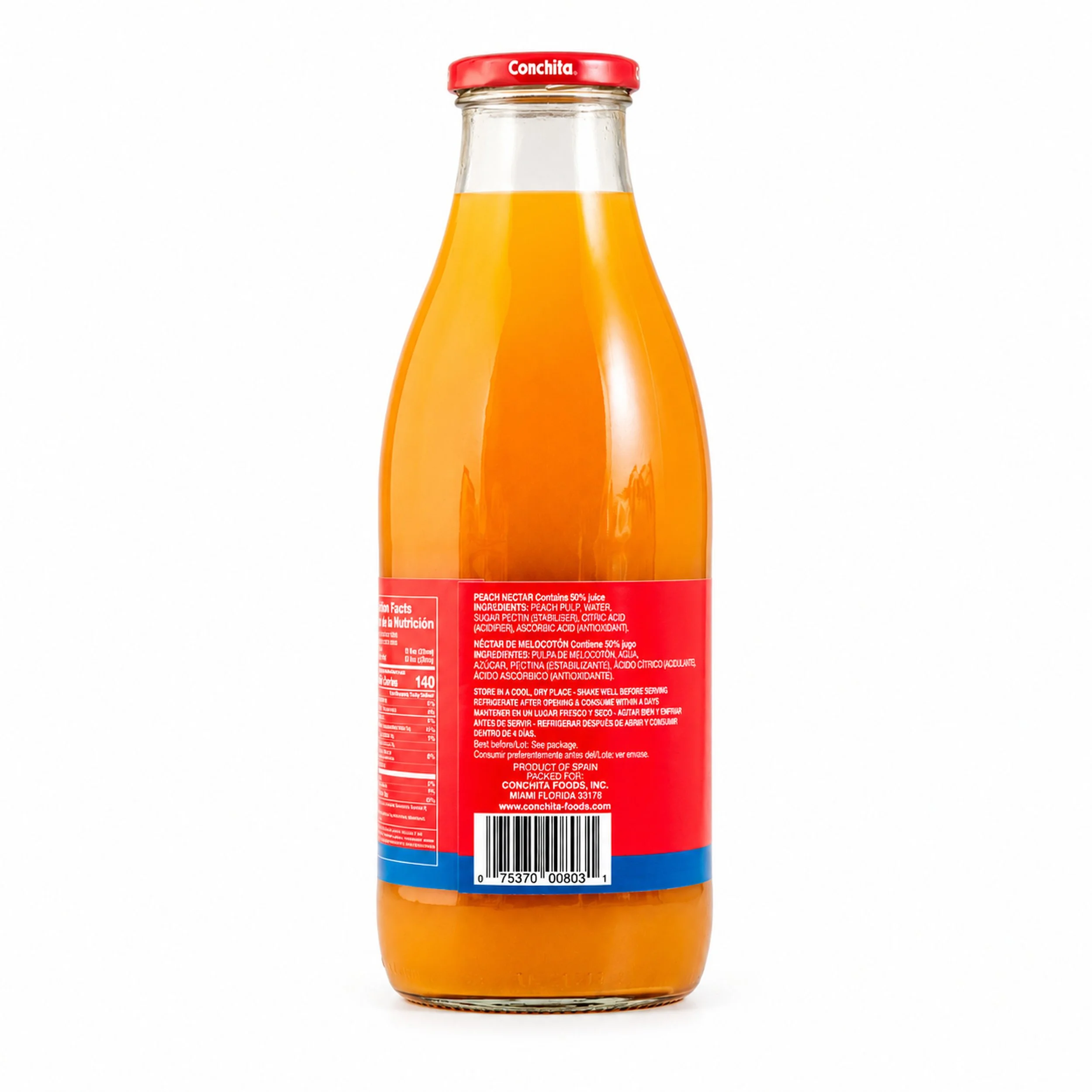 Conchita Peach Nectar (Néctar de Melocotón) 1 L glass bottle, back label view