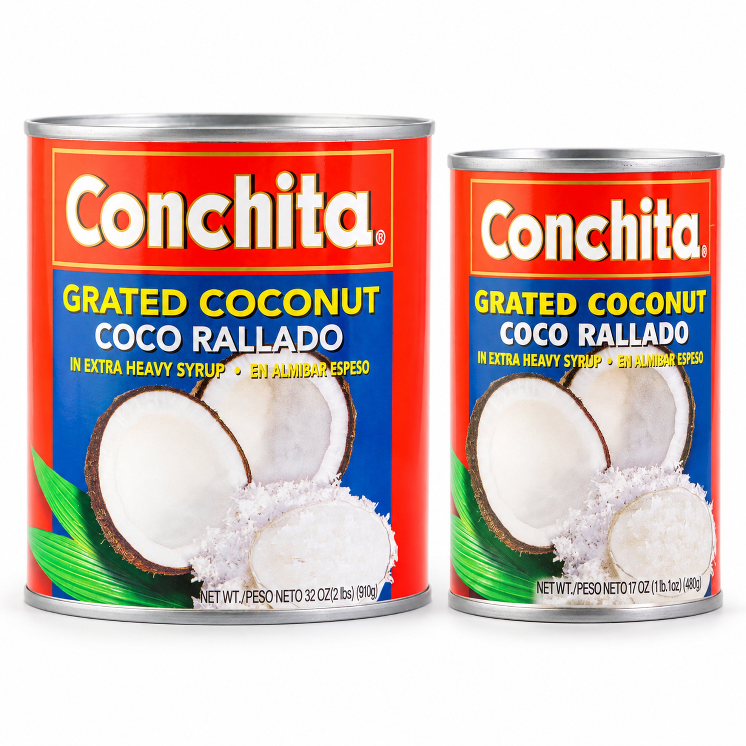 Conchita Grated Coconut in Syrup (Coco Rallado) 17 oz and 32 oz cans, front view